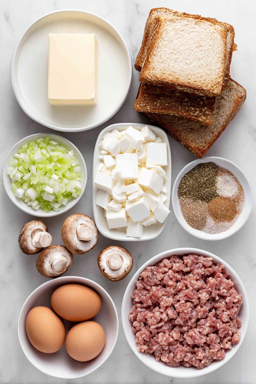 Flat lay of one stick of smooth golden butter, a small mound of pale diced celery, a small pile of finely chopped white onion, a cluster of fresh whole cremini mushrooms, a few rustic cubes of crusty French rolls, two whole uncracked brown eggs, a small white ceramic bowl with creamy milk, a small white ceramic bowl filled with light golden chicken broth, a small heap of raw, coarsely ground pork breakfast sausage, and a neat pile of mixed ground poultry seasoning, garlic powder, salt, and pepper powders, all arranged symmetrically and balanced, placed on a clean white marble surface, soft natural light, photo taken with an iPhone, professional food photography style, fresh ingredients, white ceramic bowls, no bottles, no duplicates, no utensils, no packaging --ar 2:3 --v 7 --p m7354615311229779997 - Best Thanksgiving Sausage Stuffing, hearty sausage stuffing recipe, holiday stuffing with sausage, flavorful Thanksgiving stuffing, easy sausage stuffing recipe