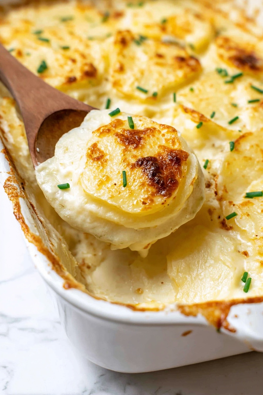 A white baking dish holds a creamy, pale yellow layered potato dish with a slightly browned top layer. The top layer has smooth, light golden patches with some browned edges and green chives sprinkled on it. A wooden spoon lifts a round spoonful from the dish, showing the creamy, soft texture of the potatoes beneath the thin, browned outer layer. The background is a white marbled texture. Photo taken with an iphone --ar 2:3 --v 7 - Creamy Baked Mashed Potatoes, creamy baked mashed potatoes, baked mashed potatoes recipe, cheesy baked mashed potatoes, flavorful mashed potato side dish