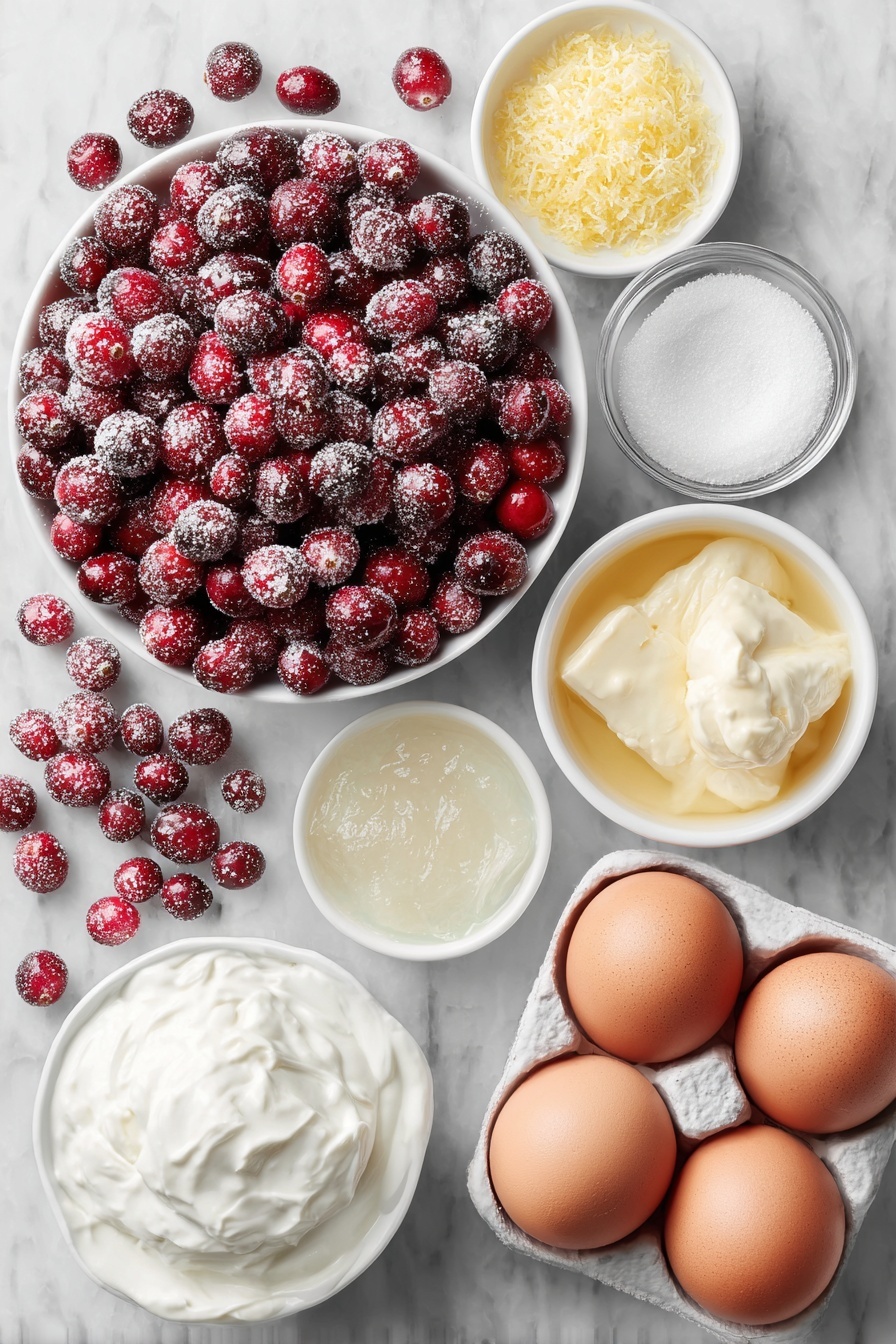 Flat lay of fresh whole cranberries scattered and a few in a small white ceramic bowl, granulated sugar in a small white bowl, small white bowls with orange zest and orange juice, a small white bowl filled with translucent bloomed gelatin over cold water, cold heavy cream in a small white bowl with soft peaks of whipped cream beside it, a small white bowl with powdered sugar, a small white bowl with vanilla bean paste, whole clean uncracked brown eggs, bright fresh mint leaves arranged neatly, and a few sugared cranberries glistening, all placed on a clean white marble surface, soft natural light, photo taken with an iPhone, professional food photography style, fresh ingredients, white ceramic bowls, no bottles, no duplicates, no utensils, no packaging --ar 2:3 --v 7 --p m7354615311229779997 - Festive Cranberry Mousse Cups, cranberry mousse dessert, holiday cranberry treat, easy cranberry mousse, elegant holiday desserts