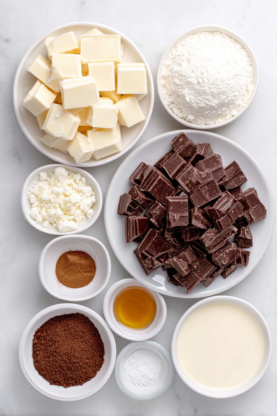 Flat lay of chopped white chocolate pieces in a neat pile, a smooth ball of softened cream cheese on a simple white ceramic plate, a small white bowl filled with creamy eggnog, a small white bowl holding ground nutmeg, a small white bowl with ground cinnamon, a pinch of salt on a white ceramic spoon-shaped dish, a small white bowl containing golden bourbon, chopped dark chocolate chunks arranged in a clean pile, and a small white bowl with crushed gingersnap cookies, all arranged symmetrically with perfect balance and no duplicates, placed on a clean white marble surface, soft natural light, photo taken with an iPhone, professional food photography style, fresh ingredients, white ceramic bowls, no bottles, no duplicates, no utensils, no packaging --ar 2:3 --v 7 --p m7354615311229779997 - Eggnog Chocolate Truffles, festive holiday truffles, white chocolate eggnog treats, homemade holiday chocolates, boozy holiday dessert