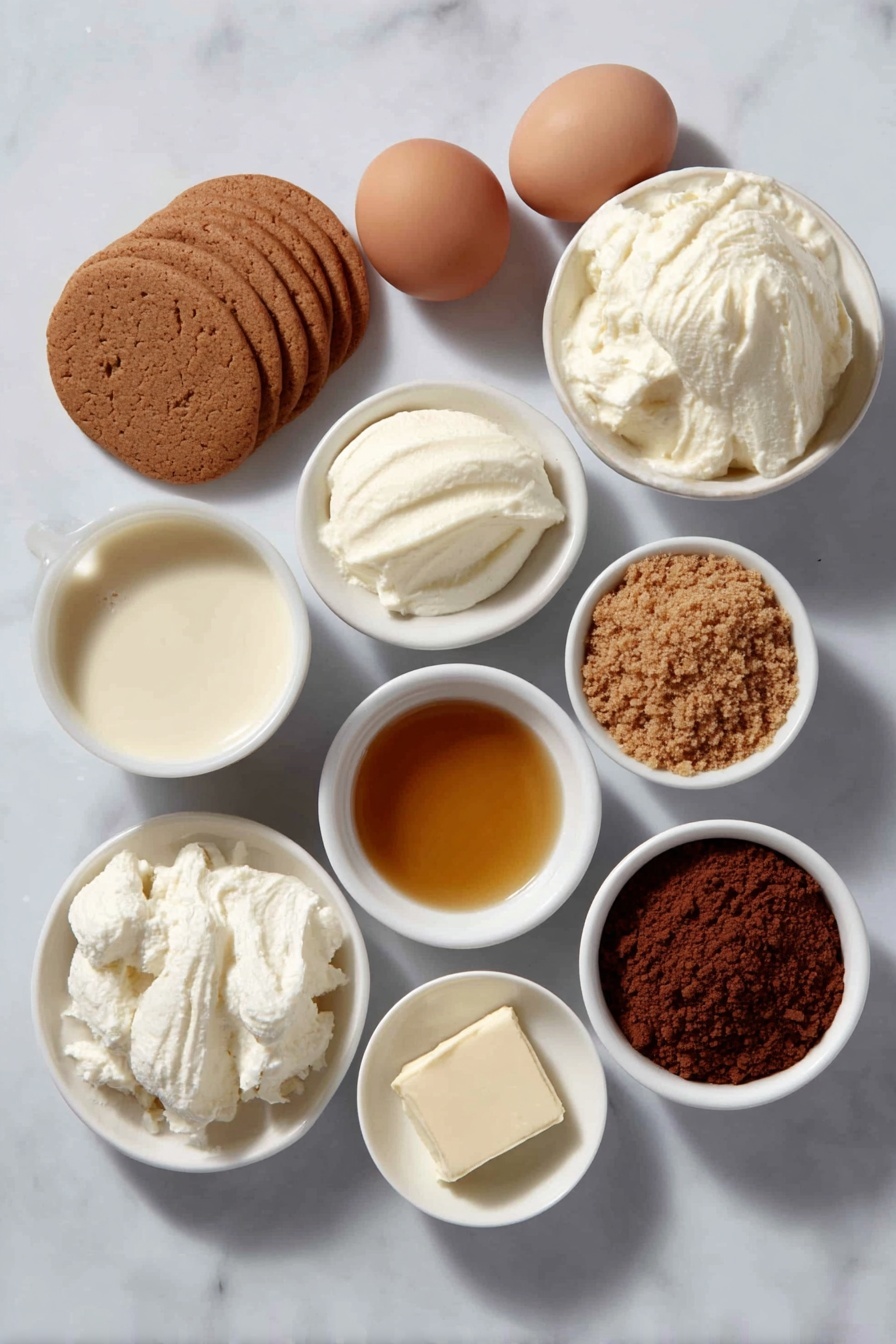 Flat lay of two whole uncracked brown eggs, a small mound of mascarpone cheese on a white ceramic plate, a small white bowl of thick heavy cream, a small white bowl of rich eggnog, a small white bowl filled with hot coffee, a small white bowl containing golden rum extract, a neat stack of round gingerbread cookies, a small white bowl of powdered sugar, a small white bowl of cocoa powder, and a small white bowl with crushed gingerbread cookie crumbs, all arranged in perfect symmetry on a clean white marble surface, soft natural light, photo taken with an iPhone, professional food photography style, fresh ingredients, white ceramic bowls, no bottles, no duplicates, no utensils, no packaging --ar 2:3 --v 7 --p m7354615311229779997 - Gingerbread Tiramisu Pastry, festive holiday desserts, holiday tiramisu ideas, quick gingerbread desserts, seasonal Italian treats