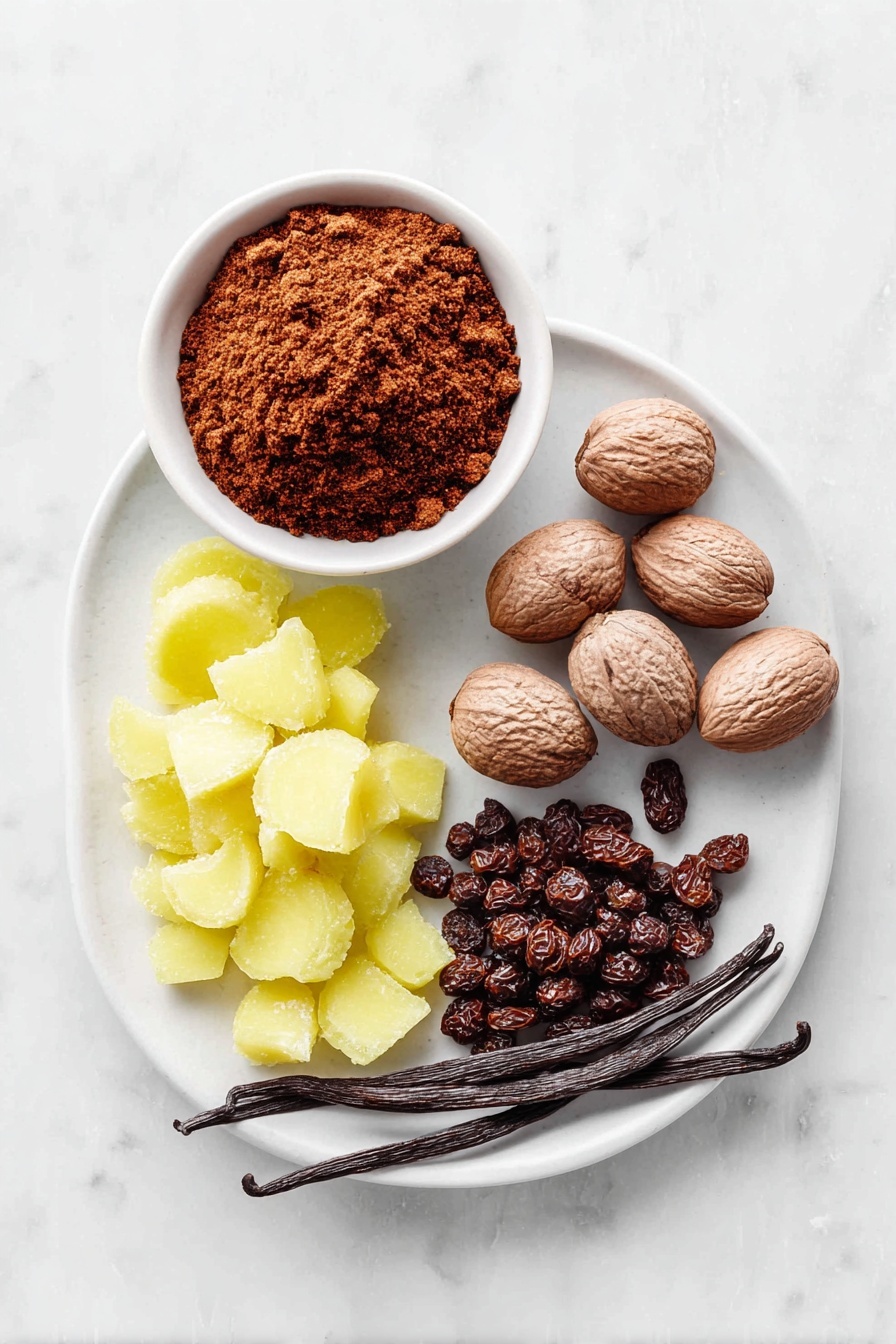 Flat lay of a small pile of fresh peeled ginger slices, two cinnamon sticks, two whole nutmeg nuts, a small cluster of whole cloves, a small heap of whole juniper berries, a small white ceramic bowl filled with dark brown sugar, and a split vanilla pod arranged neatly on a simple white ceramic plate placed on a clean white marble surface, soft natural light, photo taken with an iPhone, professional food photography style, fresh ingredients, white ceramic bowls, no bottles, no duplicates, no utensils, no packaging --ar 2:3 --v 7 --p m7354615311229779997 - Gingerbread Simmer Pot, holiday simmer pot, winter home fragrance, cozy holiday scents, festive simmer recipes
