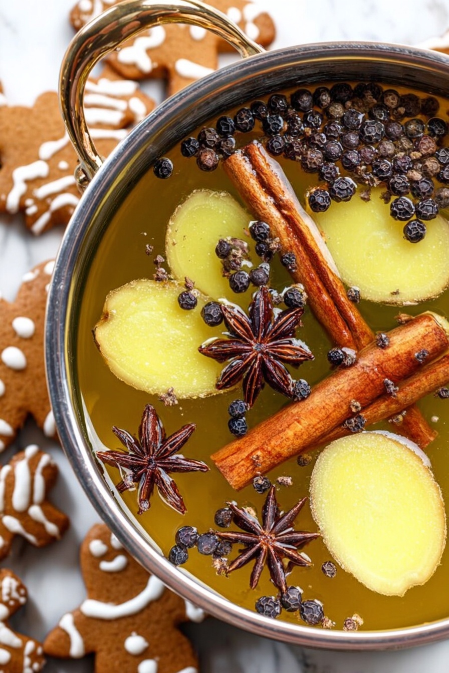 A close-up view of a shiny metal pot filled with a golden liquid, floating on it are whole black peppercorns, star anise, and clove buds. There are large slices of light yellow ginger and two long cinnamon sticks submerged and floating within the liquid. The pot is placed on a white marbled surface with gingerbread cookies decorated with white icing in the background. Photo taken with an iphone --ar 2:3 --v 7 - Gingerbread Simmer Pot, holiday simmer pot, winter home fragrance, cozy holiday scents, festive simmer recipes