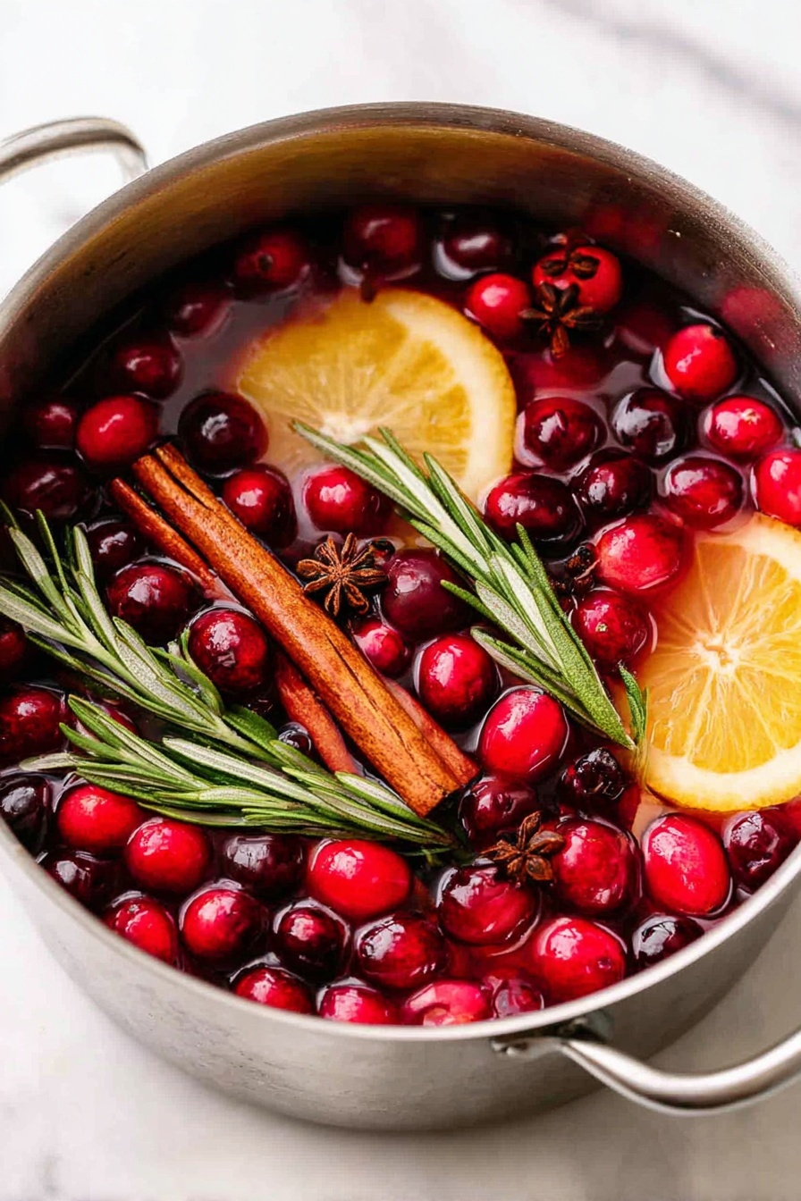 A metal pot filled with a mix of bright red and dark red cranberries floating on top, along with two whole cinnamon sticks laying diagonally across the surface. There are two large, yellow-orange lemon slices partially submerged, adding a bright color contrast. Green sprigs of rosemary are placed among the cranberries, and small brown cloves are scattered throughout, creating a warm and cozy look. The pot sits on a white marbled surface. photo taken with an iphone --ar 2:3 --v 7 - Christmas Stovetop Potpourri, holiday home fragrance, festive kitchen scent, easy holiday potpourri, Christmas aroma diffuser