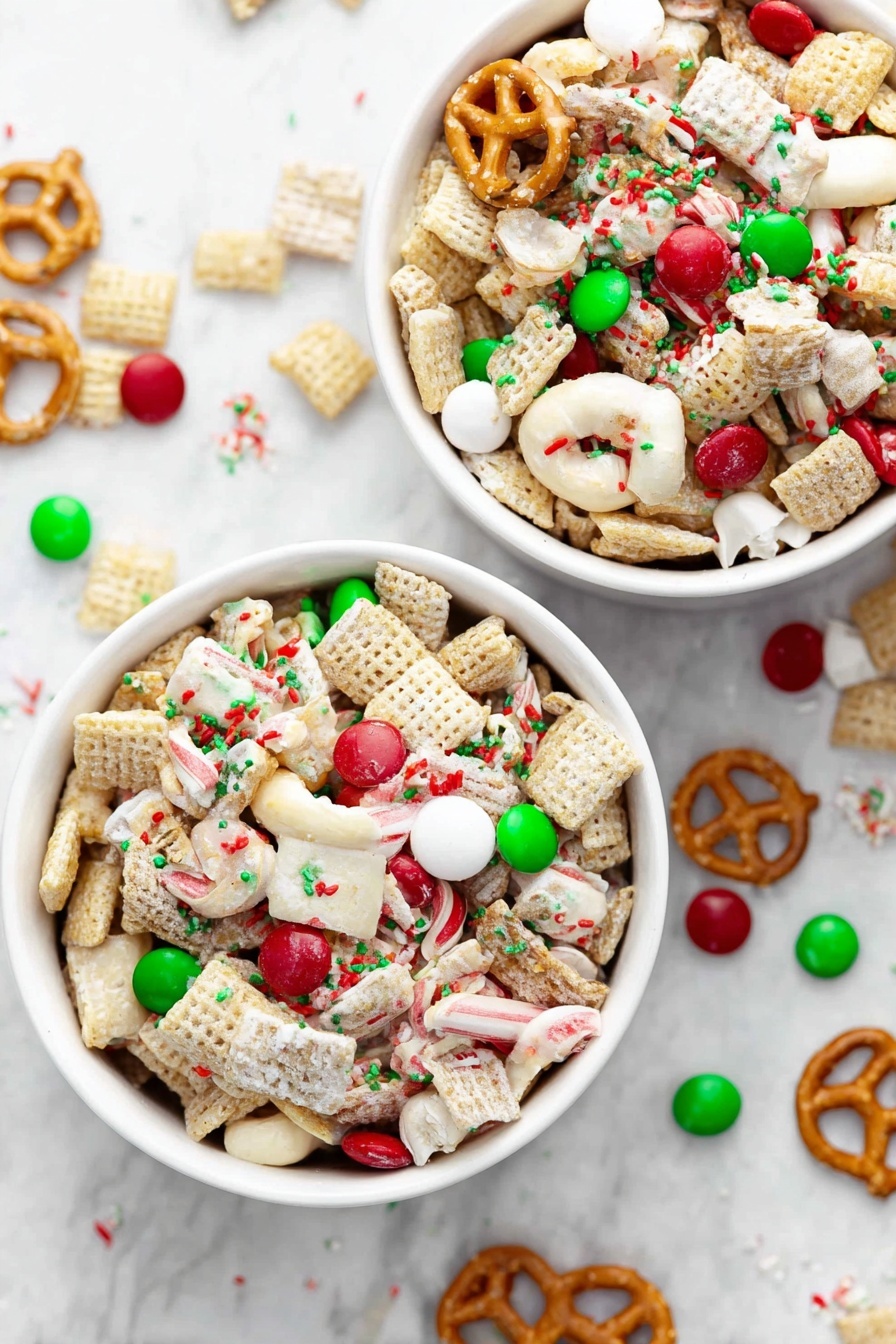 The image shows two white bowls filled with a festive snack mix on a white marbled surface. Each bowl holds a colorful mix of light beige square cereal pieces, white chocolate-covered pretzels, red and green candy-coated chocolates, and small round red, white, and green sprinkles scattered evenly over the mix. The colors are bright and create a holiday feel. Some pieces of the mix are scattered on the surface around the bowls. Photo taken with an iphone --ar 2:3 --v 7 - Festive Gluten-Free Christmas Chex Mix, gluten-free holiday snack, easy Christmas party treats, festive holiday snack recipes, gluten-free Christmas ideas