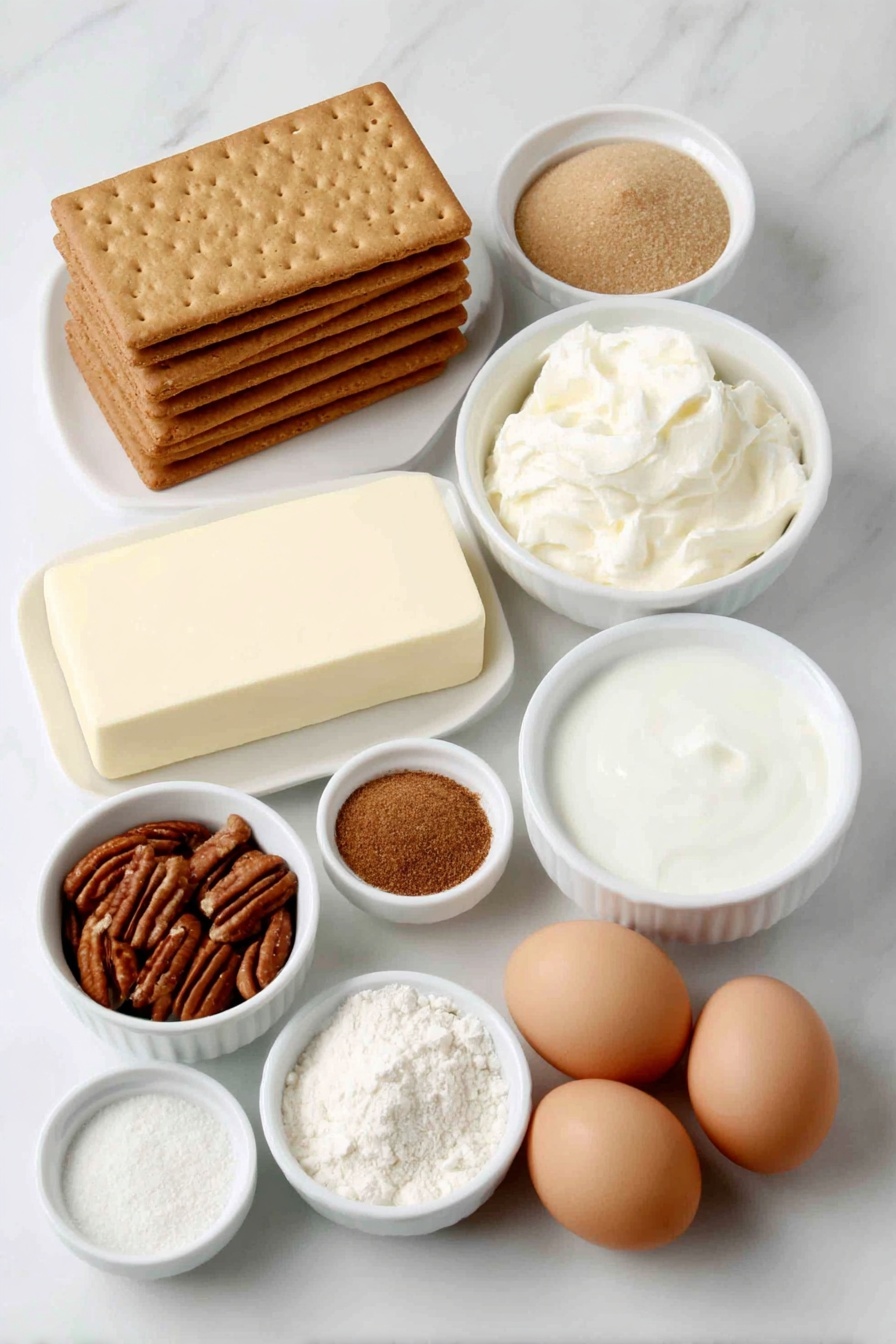 Flat lay of whole graham crackers stacked neatly, a small white ceramic bowl filled with pecan halves, another white bowl containing light brown sugar, a white bowl holding melted butter, a round block of full-fat cream cheese with smooth surface, a small white bowl of sour cream, a white bowl filled with granulated sugar, four whole large brown eggs with clean shells arranged symmetrically, a small white bowl with all-purpose flour, a small white bowl of clear vanilla extract, a small white bowl of salt, chopped pecan halves in a white bowl, a small white bowl filled with heavy cream, a small white bowl of ground cinnamon, a small white bowl of butter, all placed on a clean white marble surface, soft natural light, photo taken with an iPhone, professional food photography style, fresh ingredients, white ceramic bowls, no bottles, no duplicates, no utensils, no packaging --ar 2:3 --v 7 --p m7354615311229779997 - Pecan Cheesecake Bars, Pecan Cheesecake Bars Recipe, easy pecan dessert, no-bake pecan cheesecake, holiday dessert bars