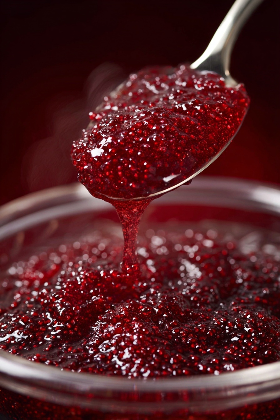 A close-up image shows a thick, deep red jam with many tiny white seeds, held on a shiny metal spoon above a clear white bowl filled with the same jam. The jam looks sticky and shiny, with a smooth but slightly bumpy texture from the seeds, and some steam rises from it, showing it is warm. The background is dark red, and the jam is dripping slowly from the spoon back into the bowl. photo taken with an iphone --ar 2:3 --v 7 - Easy Cranberry Strawberry Crockpot Jam, homemade cranberry strawberry jam, slow cooker fruit preserves, festive jam recipe, DIY fruit jam gifts