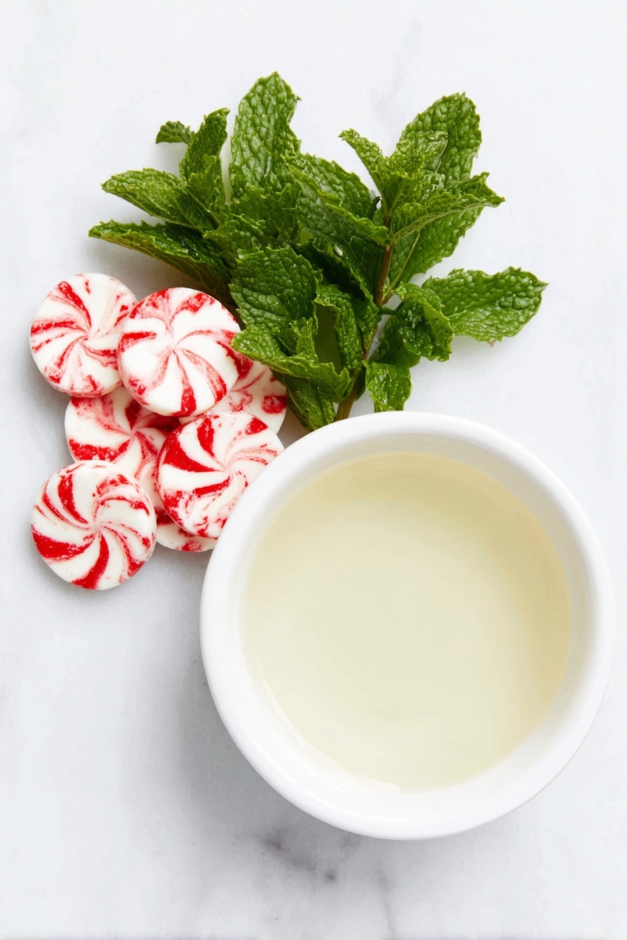 Flat lay of a small pile of fresh, round peppermint disks with red and white swirls, a tall white ceramic bowl filled with clear unflavored vodka, placed on a clean white marble surface, soft natural light, photo taken with an iPhone, professional food photography style, fresh ingredients, white ceramic bowls, no bottles, no duplicates, no utensils, no packaging --ar 2:3 --v 7 --p m7354615311229779997 - Candy Cane Shots with Peppermint Vodka, peppermint vodka drink, holiday shot recipes, festive holiday cocktails, peppermint cocktail ideas