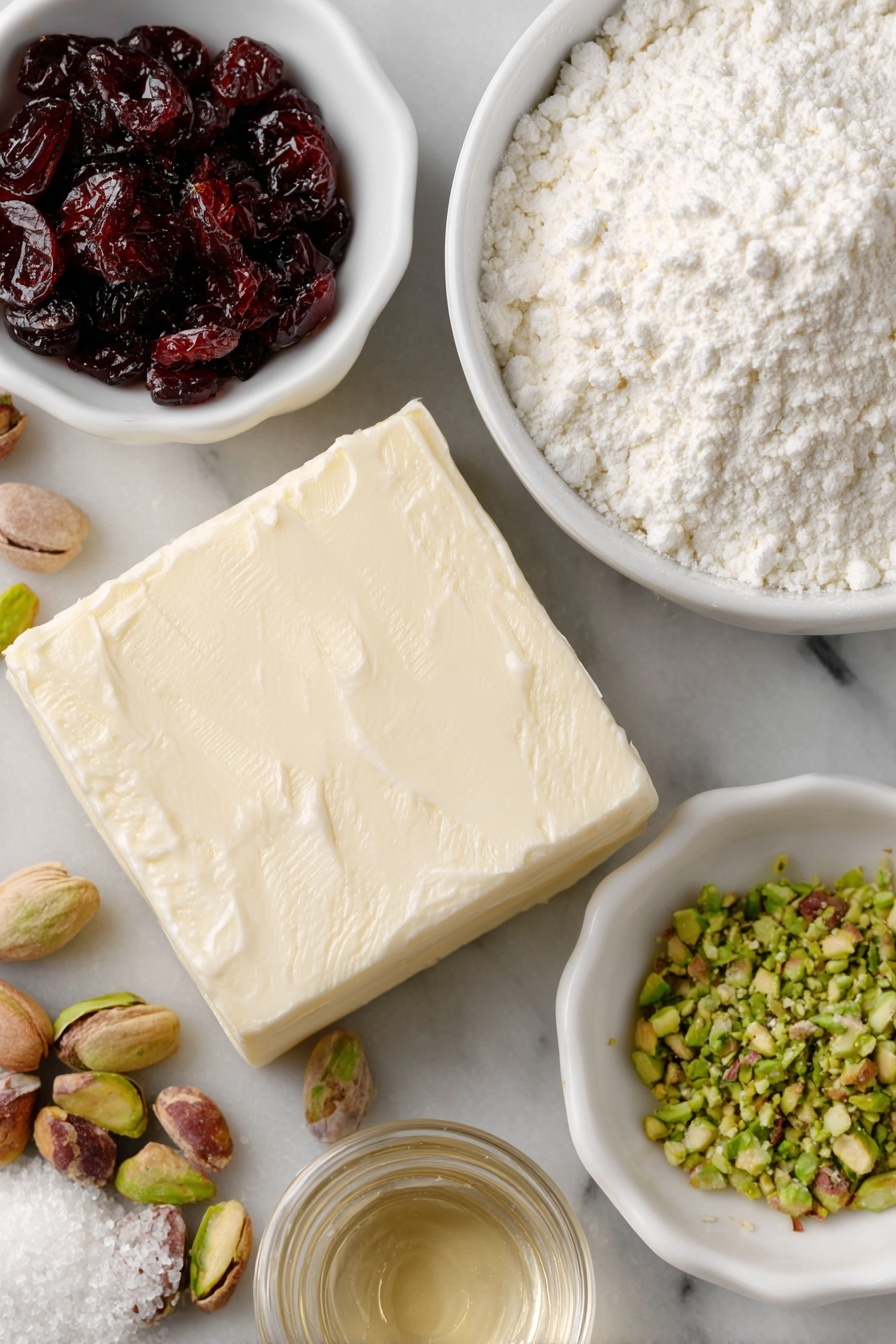 Flat lay of unsalted butter in a small square slab, a small white ceramic bowl filled with powdered sugar, a small white bowl with pale golden vanilla extract, a small mound of all-purpose flour, a pinch of fine baking powder in a tiny white bowl, a small white bowl of fine salt, a small mound of finely chopped vibrant green pistachios, a small heap of bright red dried cranberries, a small white bowl with pale cornstarch powder, additional chopped pistachios and dried cranberries scattered delicately nearby, placed on a clean white marble surface, soft natural light, photo taken with an iPhone, professional food photography style, fresh ingredients, white ceramic bowls, no bottles, no duplicates, no utensils, no packaging --ar 2:3 --v 7 --p m7354615311229779997 - Pistachio Cranberry Wreath Cookies, holiday festive cookies, easy holiday cookie recipes, buttery cookies with cranberries and pistachios, Christmas wreath cookies