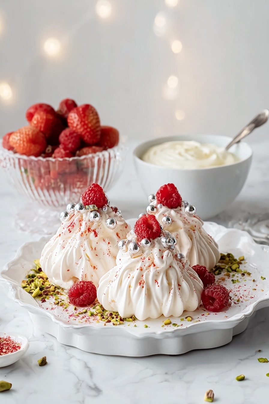 The image shows three small, white meringue desserts shaped like mini Christmas trees on a white, scalloped rectangular plate. Each meringue has multiple swirled layers forming the tree shape, decorated with small shiny silver balls and sprinkled with red powder. A fresh red raspberry sits on top of each meringue. Around the meringues, there are crushed green pistachios and extra raspberries on the plate. In the background, a clear bowl filled with mixed red berries and a white bowl with cream are placed on a white marbled surface, along with two green glittery Christmas ornaments. Photo taken with an iphone --ar 2:3 --v 7 - Mini Pavlova Christmas Trees, festive Christmas dessert, holiday meringue treats, Christmas dessert ideas, easy holiday pavlova