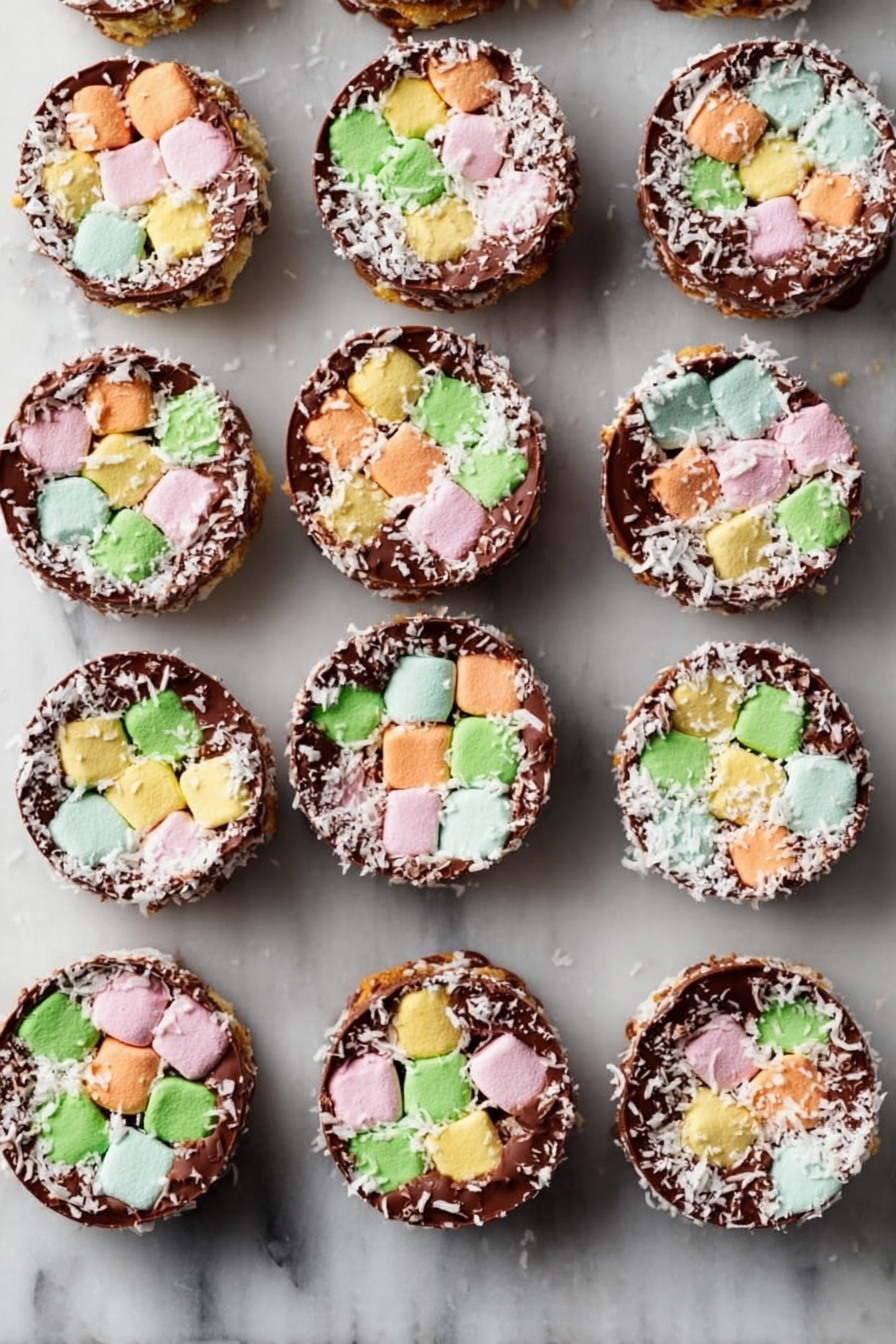 The image shows 15 round treats made of colorful mini marshmallows in pastel colors like pink, green, yellow, and orange, all stuck together with a shiny dark brown chocolate layer, each treat about the same size and shape. Some treats have crispy white coconut flakes around their edges, adding a rough white texture. They are placed neatly in rows on a white marbled surface, each treat spaced apart evenly. The marshmallows are arranged tightly in a single thick layer inside the chocolate base, making each round treat look chunky and colorful. photo taken with an iphone --ar 2:3 --v 7 - Easy Church Window Cookies, colorful no-bake cookies, nostalgic dessert recipes, chocolate marshmallow treats, festive holiday cookies