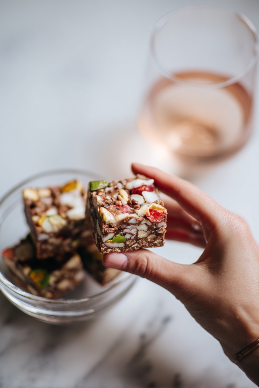 The image shows a round dessert with a rich dark brown chocolate base that has a smooth texture. On the chocolate surface, there are many irregular, soft pastel-colored pieces embedded throughout, in green, light yellow, pink, and orange shades, creating a mosaic effect. Around the edge of the dessert, there are white shredded coconut flakes adding a rough texture border. The dessert is placed directly on a white marbled surface, which provides a clean and bright background. Photo taken with an iphone --ar 2:3 --v 7 - Easy Church Window Cookies, colorful no-bake cookies, nostalgic dessert recipes, chocolate marshmallow treats, festive holiday cookies