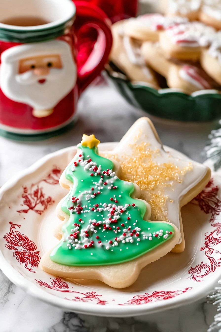 Two Christmas-themed sugar cookies sit on a white plate with red floral designs, placed on a white marbled surface. The cookie on top is shaped like a Christmas tree with a smooth green icing layer sprinkled with small red and white sugar decorations, and a small yellow star decoration at the tip. Behind it is a star-shaped cookie covered in white icing with a thick layer of golden sugar sprinkles. In the background, there is a Santa Claus head mug with a red handle and a green bowl filled with more Christmas cookies, all set against the white marbled texture. Photo taken with an iphone --ar 2:3 --v 7 - Soft Cutout Sugar Cookies, perfect sugar cookies, easy sugar cookie recipe, tender sugar cookies, how to make cutout cookies