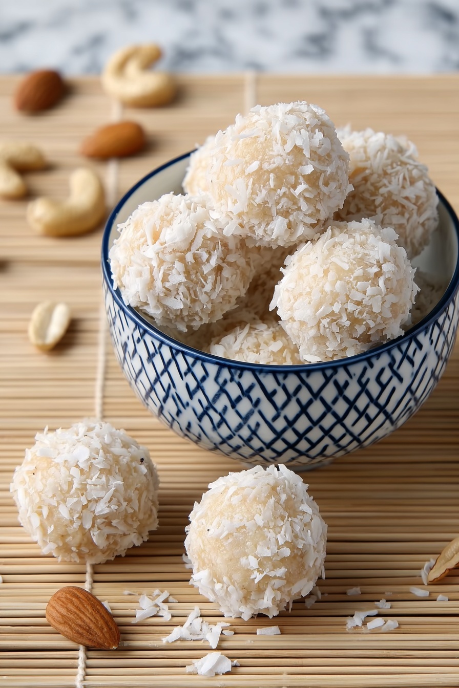 The image shows a white bowl with a blue geometric pattern filled with round dessert balls covered in shredded white coconut. The balls have a light beige color underneath the coconut flakes. Outside the bowl, there are three similar coconut-covered balls placed on a beige bamboo mat, with small pieces of nuts scattered around. The texture of the balls is rough because of the coconut, and the bowl is centered on the mat with a few balls leaning on each other inside it. The background is a white marbled surface photo taken with an iphone --ar 2:3 --v 7 - Orange Coconut Snowball Cookies, citrus coconut cookies, no-bake snowball cookies, tropical cookies with orange and coconut, easy holiday cookies
