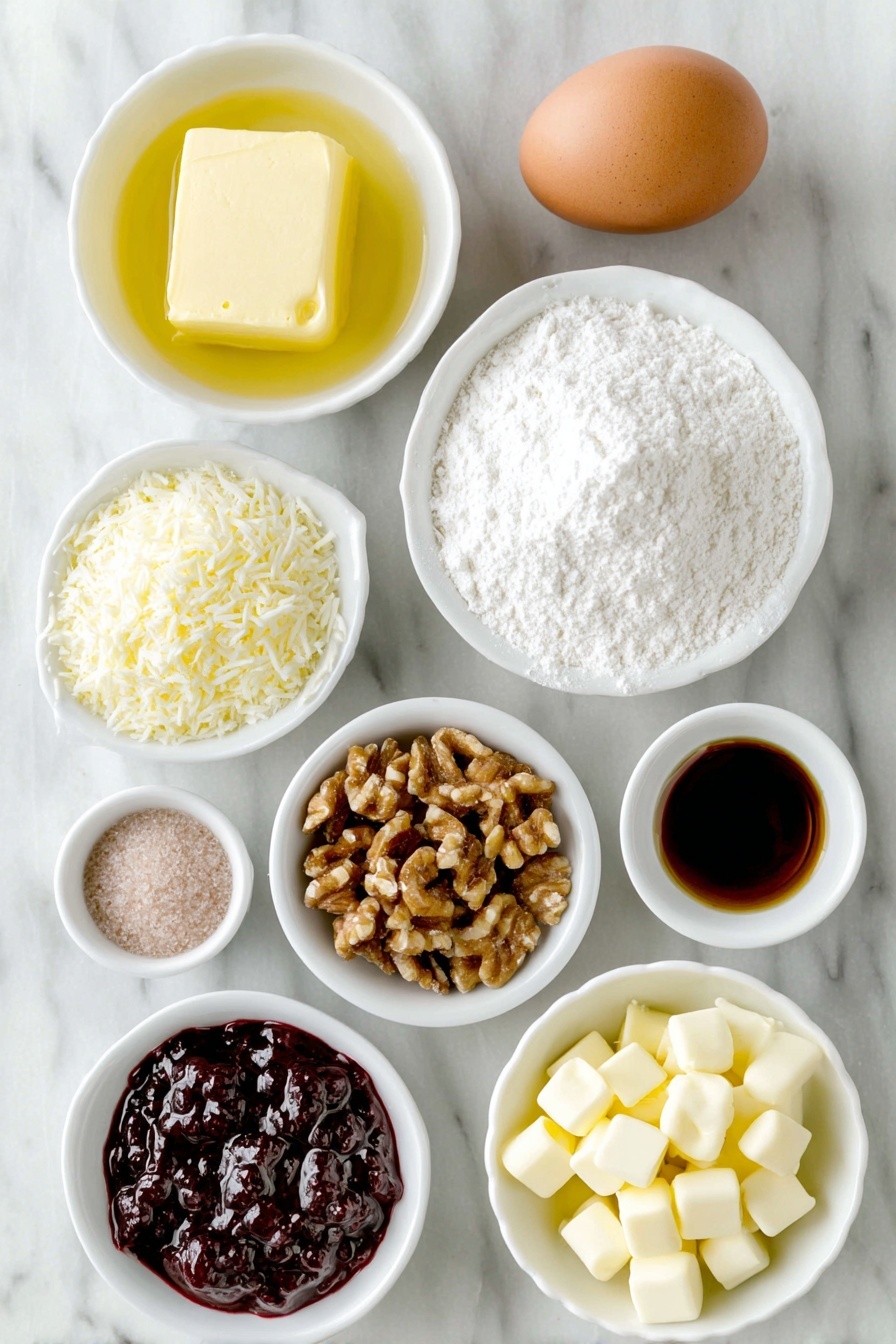 Flat lay of a small mound of softened butter, a small white bowl of granulated sugar, a single large brown egg with a clean shell, a small white bowl of clear vanilla extract, a small pile of all-purpose flour, a small pinch of baking powder on white ceramic, a small heap of sweetened shredded coconut, a small pile of chopped walnuts, a small white bowl filled with glossy raspberry preserves, and a small handful of white baking chips, all arranged with perfect symmetry on simple white ceramic plates and bowls placed on a clean white marble surface, soft natural light, photo taken with an iPhone, professional food photography style, fresh ingredients, white ceramic bowls, no bottles, no duplicates, no utensils, no packaging --ar 2:3 --v 7 --p m7354615311229779997 - Raspberry Coconut Bars, raspberry coconut dessert, tropical fruit bars, easy raspberry coconut treat, coconut fruit bars