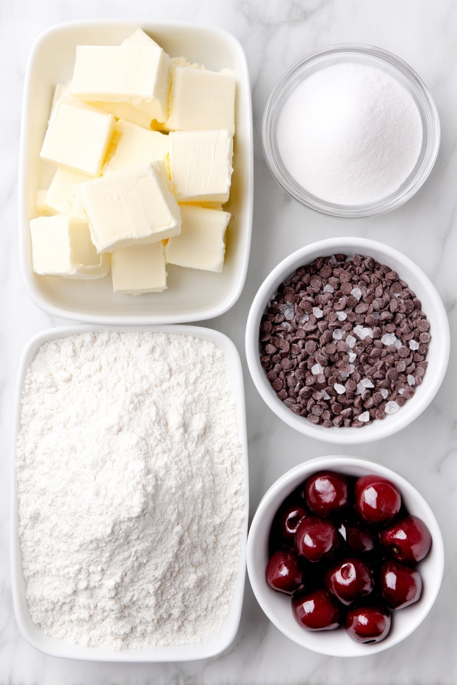 Flat lay of a small pile of unsalted butter cubes, a small white bowl filled with powdered sugar, a small white bowl of clear vanilla extract, a mound of all-purpose flour, a few whole maraschino cherries with glossy red skins, a small white bowl holding shiny dark chocolate chips, and a small white bowl with fine salt crystals, all arranged in perfect symmetry on a clean white marble surface, soft natural light, photo taken with an iPhone, professional food photography style, fresh ingredients, white ceramic bowls, no bottles, no duplicates, no utensils, no packaging --ar 2:3 --v 7 --p m7354615311229779997 - Maraschino Cherry Shortbread Cookies, cherry shortbread cookies, easy shortbread cookie recipe, festive holiday cookies, buttery cherry cookies