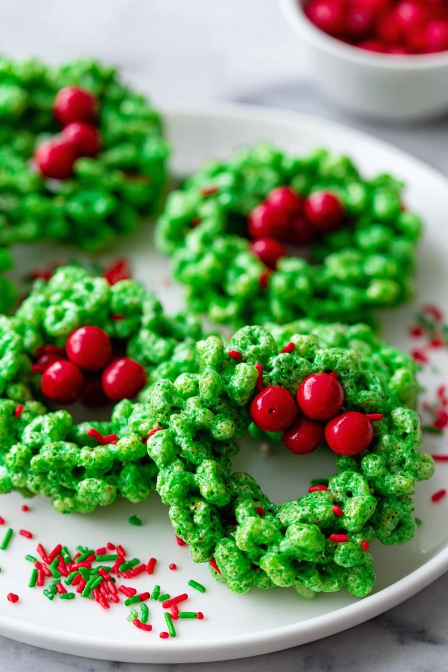 The image shows several small wreath-shaped treats placed closely on a white plate. Each wreath has a bright, shiny green color with a bumpy texture made from clusters of puffed cereal stuck together, shaped into a ring. On top of each green wreath, there are clusters of three shiny red candy pieces, resembling berries. Around the wreaths on the plate are scattered small red and green sprinkles, adding extra color and detail. The background includes a smooth white marbled surface. photo taken with an iphone --ar 2:3 --v 7 - Festive Green Marshmallow Wreath Cookies, holiday wreath cookies, marshmallow cornflake cookies, Christmas cookie recipes, easy holiday treats