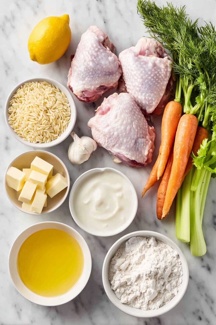 Flat lay of a simple white ceramic bowl of uncooked dry orzo pasta shaped like small rice grains, two large raw chicken thighs with natural skin texture, a whole fresh lemon with bright yellow peel, a small white bowl filled with heavy cream, a small white bowl containing freshly squeezed lemon juice with visible lemon zest, a bunch of fresh green dill sprigs, a few fresh parsley sprigs, a large yellow onion whole and unpeeled, four whole large carrots with bright orange skin and green tops trimmed, two fresh celery stalks with crisp leaves, eight whole garlic cloves with papery skin, a small pile of all-purpose flour, and a few cubes of unsalted butter arranged neatly, all placed on a clean white marble surface, soft natural light, photo taken with an iPhone, professional food photography style, fresh ingredients, white ceramic bowls, no bottles, no duplicates, no utensils, no packaging --ar 2:3 --v 7 --p m7354615311229779997 - Lemon Chicken Orzo Soup, lemon chicken soup, comforting chicken soup, lemon orzo recipe, easy lemon chicken soup