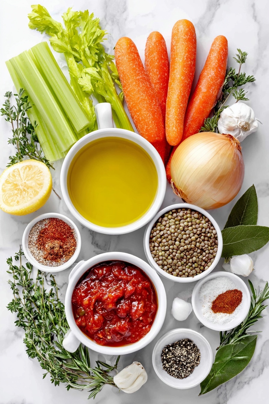 Flat lay of a small white ceramic bowl with golden olive oil, a whole yellow onion with papery skin, three fresh orange carrots sliced, two bright green celery stalks sliced, a small white bowl holding deep red tomato paste, three whole garlic cloves with skins on, a tiny white bowl containing mixed Italian seasoning herbs, a tiny white bowl with red paprika powder, a tiny white bowl with brown cumin powder, two fresh green bay leaves, a small heap of black peppercorns, a neat pile of dry green lentils, a small white bowl filled with crushed ripe red tomatoes, a small white bowl of clear vegetable broth, a small white bowl of fresh lemon juice, and a few sprigs of bright green chopped parsley placed on a clean white marble surface, soft natural light, photo taken with an iPhone, professional food photography style, fresh ingredients, white ceramic bowls, no bottles, no duplicates, no utensils, no packaging --ar 2:3 --v 7 --p m7354615311229779997 - Healthy Lentil Soup, Lentil Soup Recipe, Easy Lentil Soup, Nutritious Lentil Soup, Warm Comforting Lentil Soup
