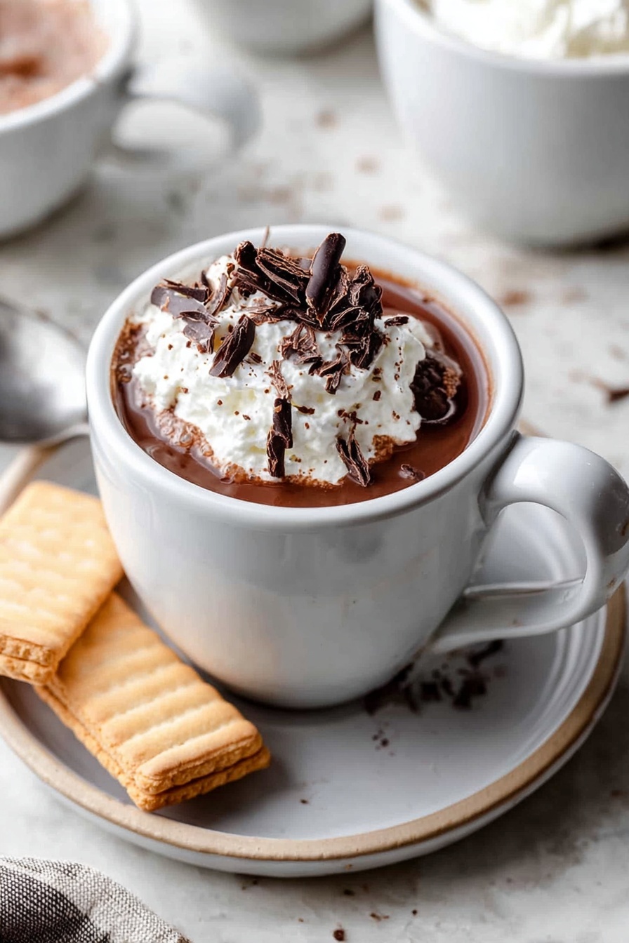 A white mug filled with warm dark brown liquid topped with a thick layer of white whipped cream. On top of the cream, there are several dark chocolate curls sprinkled, adding texture. The mug sits on a white plate with two light tan rectangular biscuits beside it. The scene is set on a white marbled texture. In the background, there are other white dishes partially visible, one filled with more whipped cream and another cup of the same drink. Photo taken with an iphone --ar 2:3 --v 7 - European Hot Chocolate, luxurious hot chocolate, authentic European hot cocoa, creamy chocolate beverage, rich hot chocolate recipe