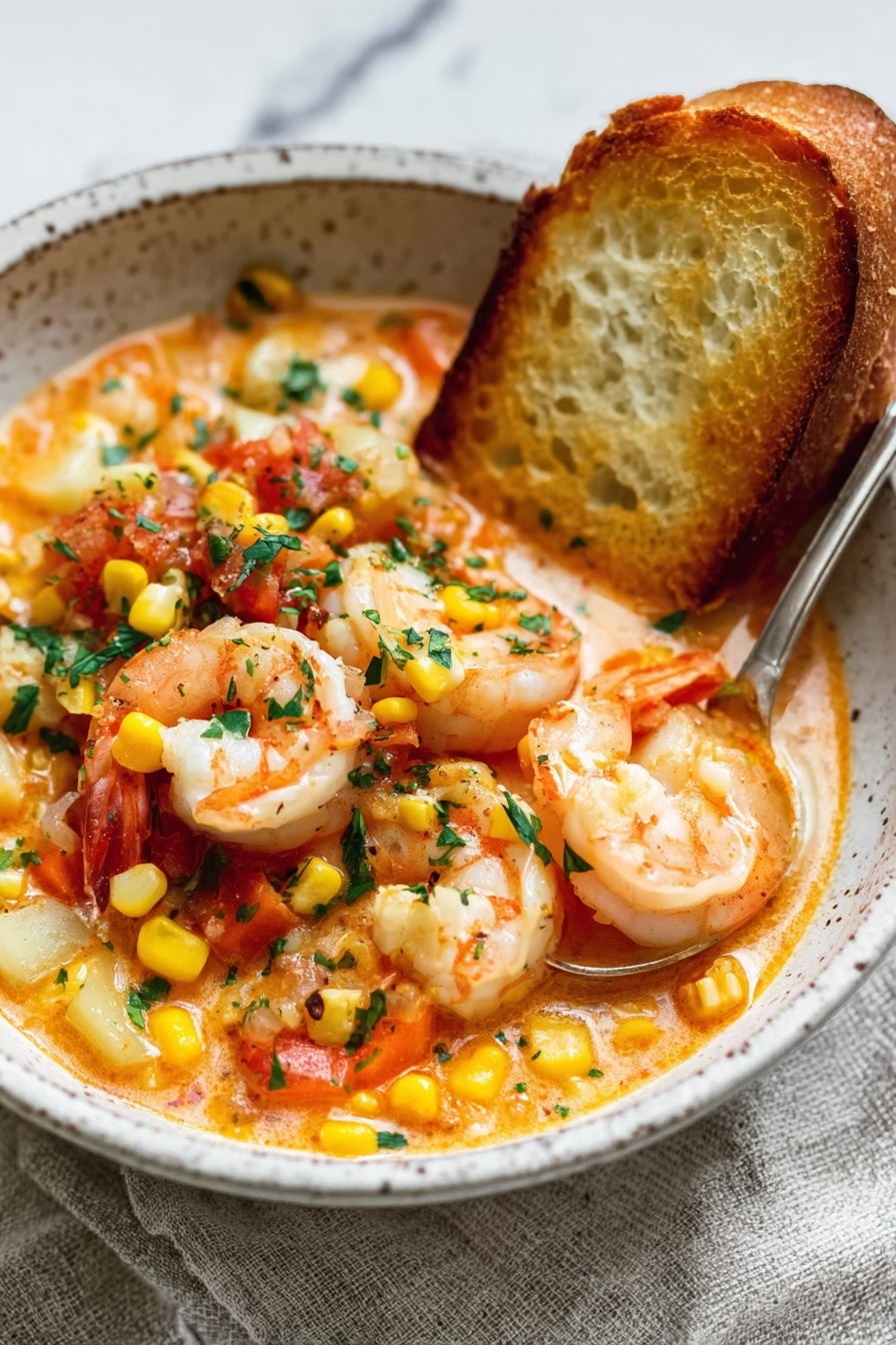 A white speckled bowl is filled with a creamy orange soup base, topped with several layers: large pink shrimp, small yellow corn kernels, finely chopped orange carrots, small pale diced potatoes, bits of tomato, and sprinkled green herbs. Two golden brown toasted bread slices lean against the inside edge of the bowl on the right side. A spoon is partially visible inside the bowl on the right, scooping some shrimp and vegetables. The bowl is set on a textured light gray cloth over a white marbled surface. photo taken with an iphone --ar 2:3 --v 7 - Shrimp and Chorizo Chowder, seafood and chorizo soup, creamy shrimp chowder, spicy chorizo seafood stew, hearty seafood soup
