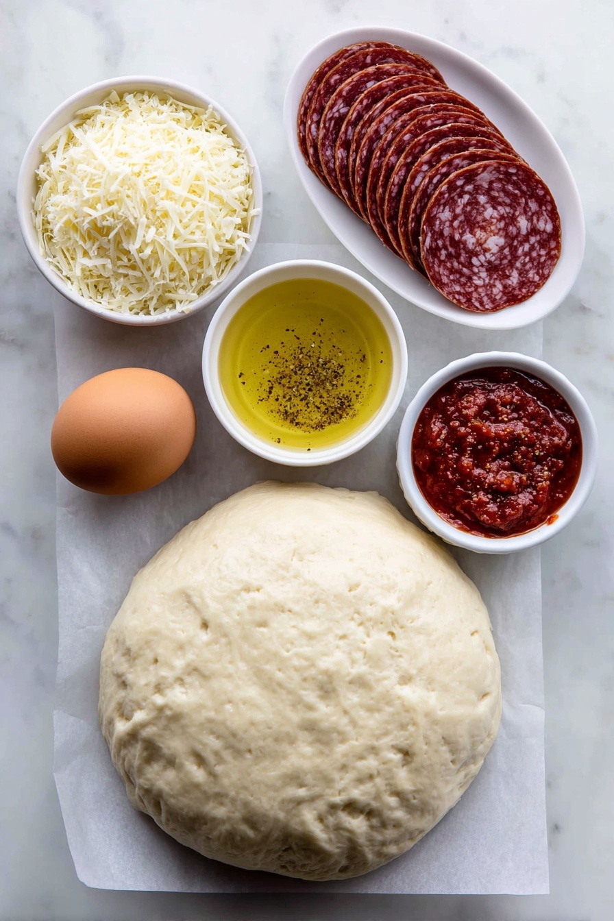 Flat lay of a smooth, unrolled ball of fresh pizza dough resting on white parchment paper, a small white bowl with melted golden butter mixed with Italian seasoning and garlic powder, a neat stack of thin, round bright red pepperoni slices, a small white bowl filled with shredded mozzarella cheese, one large whole brown egg with a clean shell, a small white bowl holding finely grated pale parmesan cheese, and a small white bowl containing rich red marinara sauce, all arranged in perfect symmetry on a simple white ceramic surface, placed on a clean white marble surface, soft natural light, photo taken with an iPhone, professional food photography style, fresh ingredients, white ceramic bowls, no bottles, no duplicates, no utensils, no packaging --ar 2:3 --v 7 --p m7354615311229779997 - Cheesy Pepperoni Rolls Marinara, cheesy pepperoni rolls, pepperoni roll appetizer, easy pizza rolls, quick cheesy snack