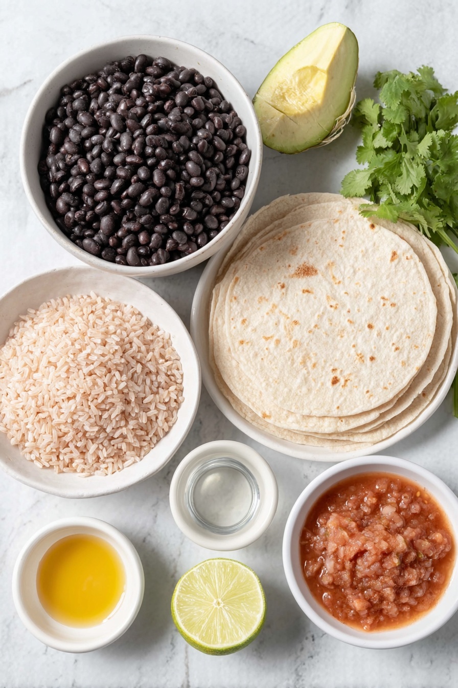 Flat lay of a small mound of uncooked brown rice, a halved lime with juice visible inside, a small bunch of fresh cilantro sprigs, a simple white ceramic bowl filled with drained black beans, a halved yellow onion showing its layers, a small white bowl with clear water, a small white bowl holding golden extra-virgin olive oil, a small white bowl with reddish-brown taco seasoning powder, four plain wheat tortillas stacked neatly, a small white bowl of chunky red salsa, and a ripe avocado diced into cubes, all arranged with perfect symmetry on a clean white marble surface, soft natural light, photo taken with an iPhone, professional food photography style, fresh ingredients, white ceramic bowls, no bottles, no duplicates, no utensils, no packaging --ar 2:3 --v 7 --p m7354615311229779997 - Black Bean and Rice Burritos, simple vegan burritos, easy weeknight dinner ideas, healthy burrito recipes, filling vegetarian burritos