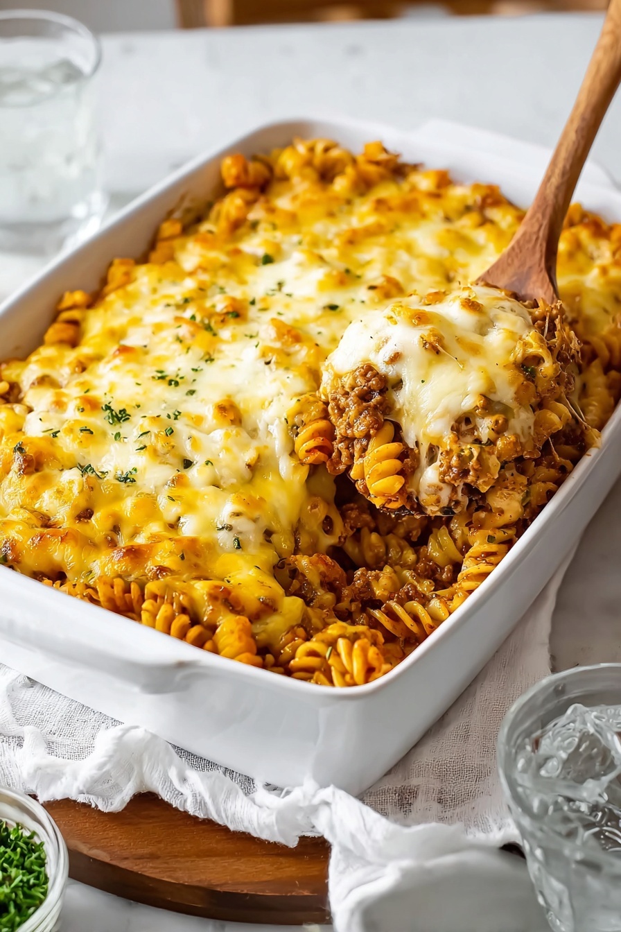 The image shows a white rectangular baking dish filled with a layered pasta casserole. The bottom layer consists of spiraled pasta mixed with ground meat, visible around the edges where some pasta has been scooped out. The top layer is a thick, melted golden-yellow cheese with slight brown spots, covering the pasta beneath. A wooden spoon is lifting a portion from the corner, showing the pasta and meat inside. The dish is placed on a white marbled surface, with a white cloth and a small white bowl filled with green herbs nearby. A glass of iced water is also partially visible in the foreground. Photo taken with an iphone --ar 2:3 --v 7 - Cheeseburger Pasta Bake, cheeseburger pasta recipe, easy dinner ideas, family-friendly pasta dishes, comfort food recipes