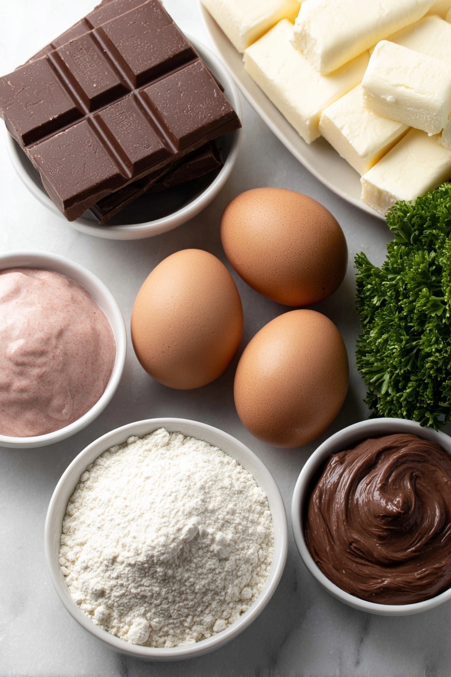 Flat lay of smooth brown cocoa candy melts in a small white ceramic bowl, two whole brown eggs with clean shells, a few sprigs of fresh green parsley, a small white bowl of vibrant red icing, a small white bowl of rich brown icing, a small white bowl of deep black icing, a neat pile of white parchment paper sheets, all arranged symmetrically and naturally on a clean white marble surface, soft natural light, photo taken with an iPhone, professional food photography style, fresh ingredients, white ceramic bowls, no bottles, no duplicates, no utensils, no packaging --ar 2:3 --v 7 --p m7354615311229779997 - Reindeer Cupcakes with Chocolate Antlers, holiday cupcake ideas, festive Christmas cupcakes, adorable holiday treats, easy holiday cupcake recipes