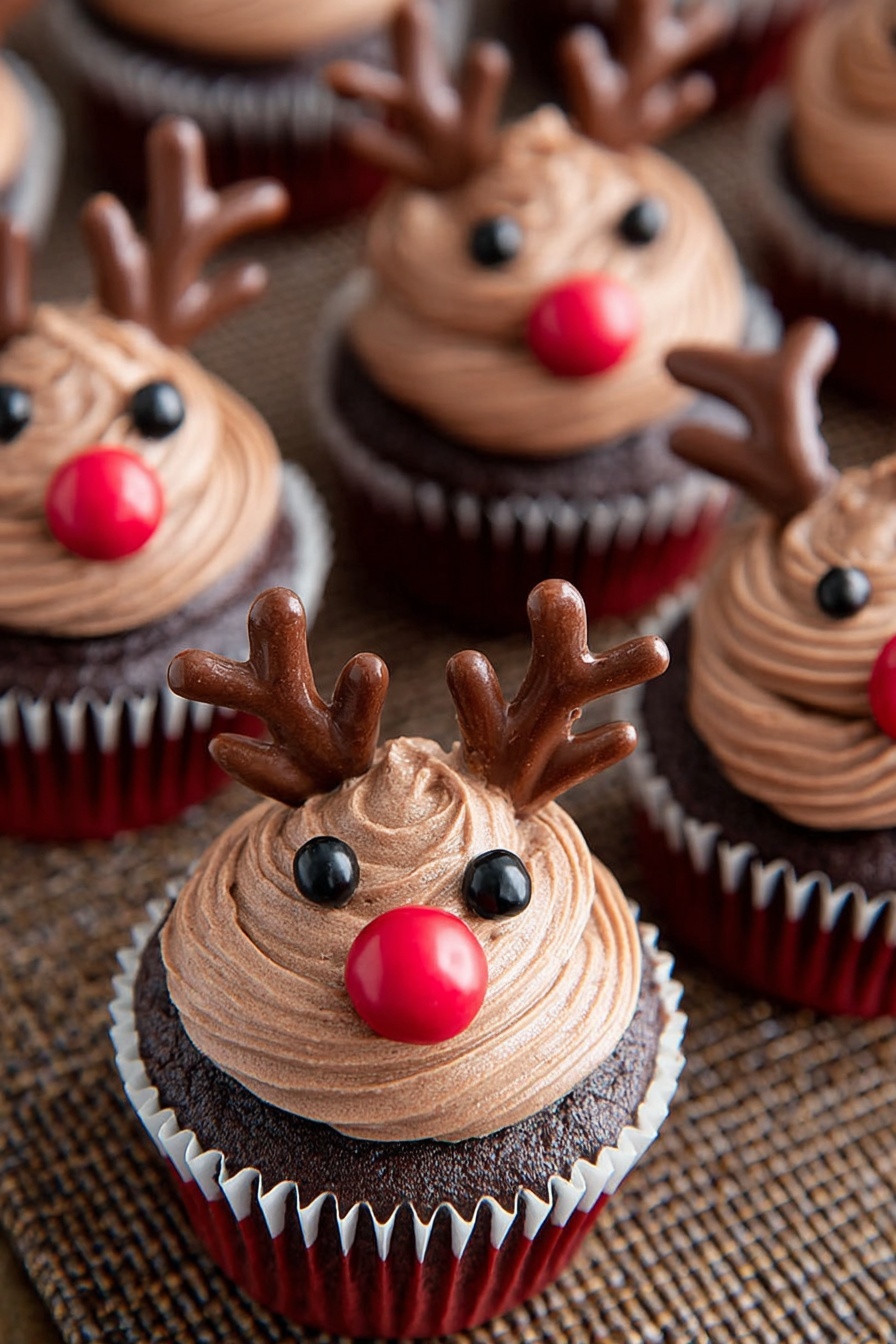 The image shows chocolate cupcakes decorated to look like reindeer. Each cupcake has a base layer of dark brown chocolate cake inside white liners with red bottoms. On top of the cake is a thick, smooth swirl of light brown chocolate frosting covering the whole top. For decoration, two small black candy eyes are placed near the center, with a shiny red candy nose just below the eyes. Two small, brown antler shapes are positioned at the back edges of the frosting on each cupcake. The cupcakes are arranged on a brown woven mat. photo taken with an iphone --ar 2:3 --v 7 - Reindeer Cupcakes with Chocolate Antlers, holiday cupcake ideas, festive Christmas cupcakes, adorable holiday treats, easy holiday cupcake recipes