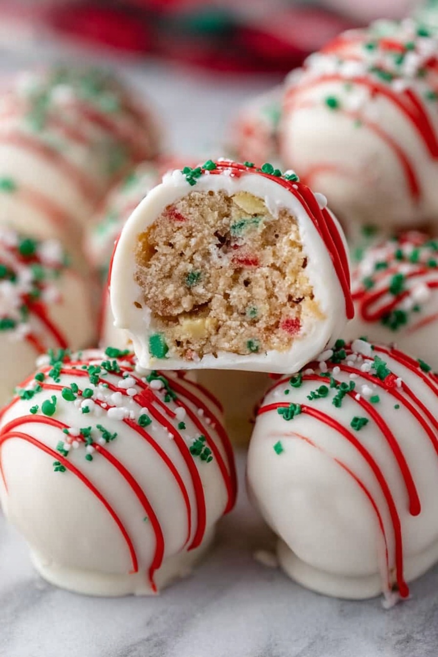A close-up of a woman's hand holding a round bite-sized dessert with one bite taken out. The dessert has an outer white smooth layer with small red and green sprinkles on top. Inside, there is a light brown, crumbly cake-like texture with tiny colorful bits mixed in. The woman's fingernails are painted red, and the background is softly blurred with warm lights and a hint of red and green colors, all on a white marbled surface. photo taken with an iphone --ar 2:3 --v 7 - Christmas Tree Cake Truffles, festive Christmas treats, holiday dessert ideas, no-bake holiday candies, easy Christmas truffles