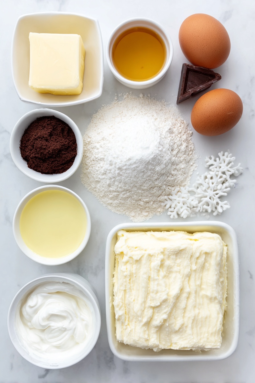 Flat lay of a small mound of all-purpose flour, a small heap of unsweetened dark cocoa powder, a few beige baking powder granules, some fine baking soda crystals, a small pinch of salt, a half stick of pale unsalted butter softened, a small white ceramic bowl filled with granulated white sugar, two large clean whole brown eggs, a small white bowl with pale golden vanilla extract, a small white bowl of creamy white buttermilk, a large square of soft unsalted butter for frosting, a small white bowl heaped with fine powdered sugar, a small white bowl of thick heavy cream, a small white bowl with more vanilla extract, a small dab of vibrant blue gel food coloring on white ceramic plate, several delicate white edible snowflake toppers, and a scattering of shiny silver and white edible pearls arranged with perfect symmetry, placed on a clean white marble surface, soft natural light, photo taken with an iPhone, professional food photography style, fresh ingredients, white ceramic bowls, no bottles, no duplicates, no utensils, no packaging --ar 2:3 --v 7 --p m7354615311229779997 - Winter Wonderland Chocolate Cupcakes, holiday winter cupcakes with snowflake frosting, festive chocolate cupcake recipes, winter-themed party desserts, snowy cupcake decorations