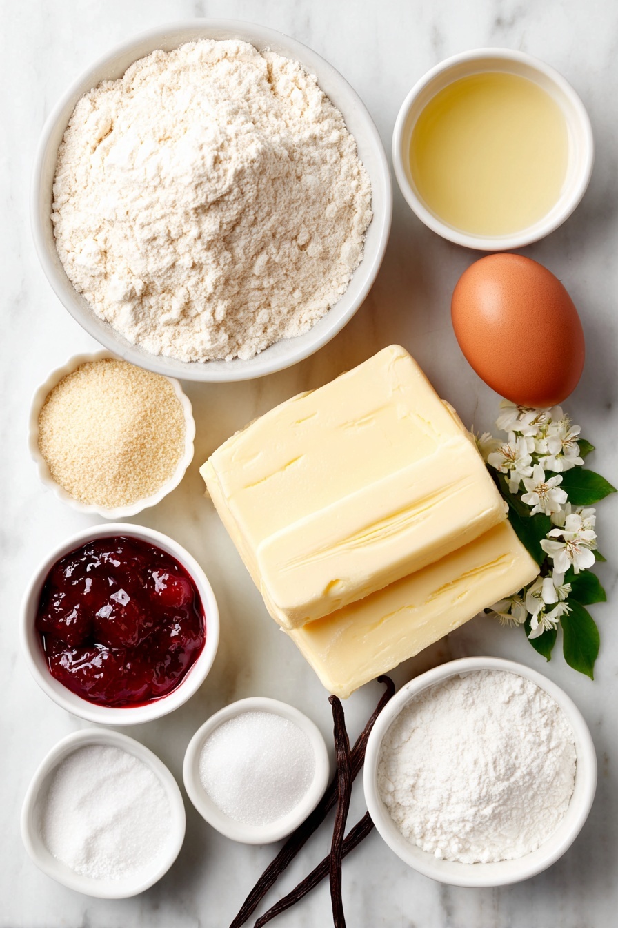 Flat lay of a small mound of pale all-purpose flour, a small pile of light beige almond flour, a tiny heap of fine white powdered sugar, a neat pinch of baking powder beside a small pinch of salt, a slab of soft unsalted butter with a creamy yellow hue, one large whole brown egg with a clean shell, a small white bowl filled with glossy red raspberry jam, another small white bowl holding translucent lemon juice, a small white bowl with fine white granulated sugar, and a few whole vanilla beans alongside a small sprig of fresh almond blossoms, all arranged in perfect symmetry on a simple white ceramic surface, placed on a clean white marble surface, soft natural light, photo taken with an iPhone, professional food photography style, fresh ingredients, white ceramic bowls, no bottles, no duplicates, no utensils, no packaging --ar 2:3 --v 7 --p m7354615311229779997 - Raspberry Almond Snowball Cookies, raspberry almond cookies, snowball cookie recipe, almond-filled cookies, festive holiday cookies