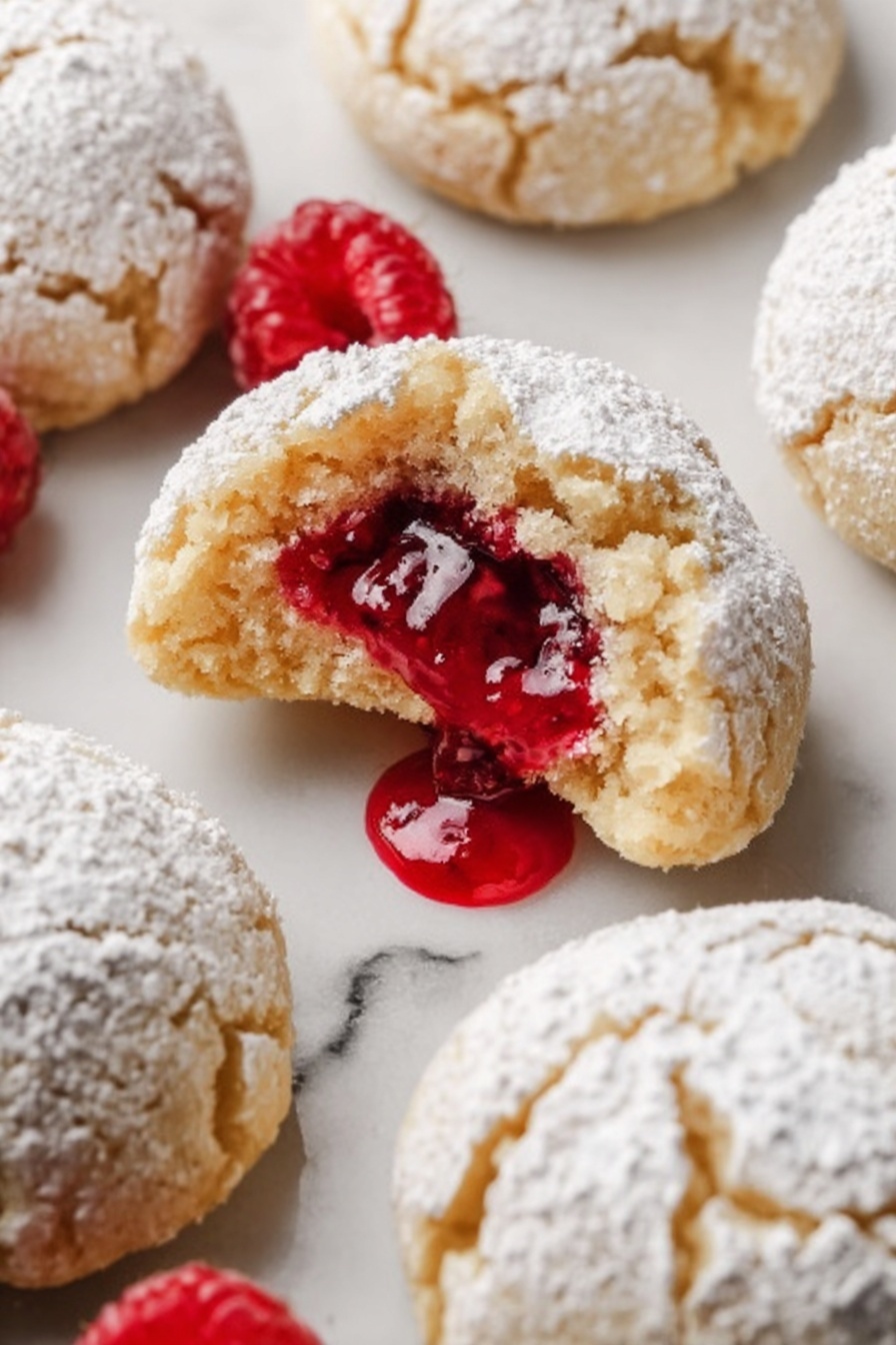 The image shows several round cookies with a cracked, powdery white surface covering them, arranged on a white marbled surface. One cookie is broken open in the center, revealing a thick, bright red, sticky fruit filling that is slightly dripping out. The cookie dough is light golden brown, crumbly in texture, and soft-looking inside. The powdered sugar on top looks fine and dusted unevenly. There are a few fresh raspberries placed around the cookies. photo taken with an iphone --ar 2:3 --v 7 - Raspberry Almond Snowball Cookies, raspberry almond cookies, snowball cookie recipe, almond-filled cookies, festive holiday cookies
