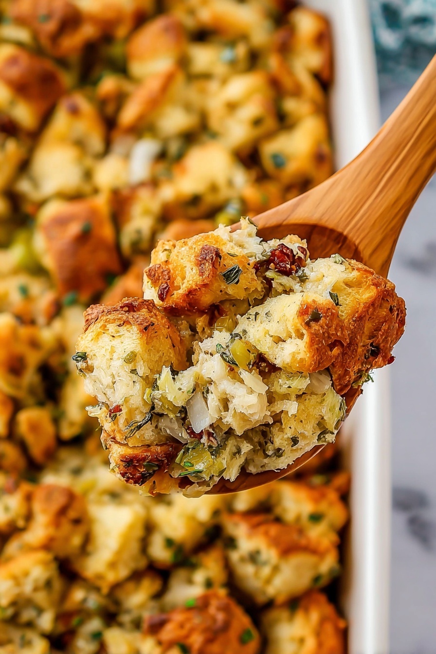 A close-up of a wooden spoon holding a scoop of baked stuffing, showing three to four pieces of golden-brown bread with a crispy texture mixed with layers of green herbs and bits of soft cooked onions, all slightly moist and fluffy inside. The background shows a white baking dish filled with more chunks of the same stuffing layered densely, with a mix of golden crust and soft inside visible, placed on a white marbled surface. Photo taken with an iphone --ar 2:3 --v 7 - Homemade Stuffing with Sage and Herbs, flavorful stuffing recipe, holiday stuffing side dish, moist and fluffy stuffing, herb-infused stuffing