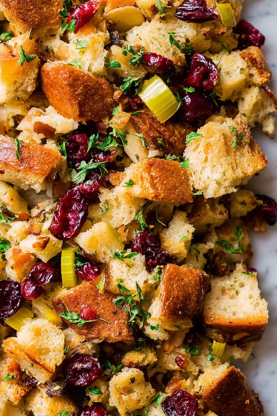 The image shows a close-up of a mixed stuffing with three main visible layers of ingredients. The bottom layer has soft, torn pieces of golden-brown toasted bread with a crisp texture on some edges. The middle layer contains small light yellow chunks of cooked apple and celery, adding a juicy and crunchy look. The top layer is scattered with bright red dried cranberries and green chopped parsley leaves, giving a fresh and colorful touch. All these layers blend closely together, showing a mix of soft, crunchy, and chewy textures. The background is a white marbled surface. photo taken with an iphone --ar 2:3 --v 7 - Cranberry Apple Stuffing, stuffing with cranberries and apples, holiday stuffing recipe, flavorful stuffing side dish, easy fruit stuffing