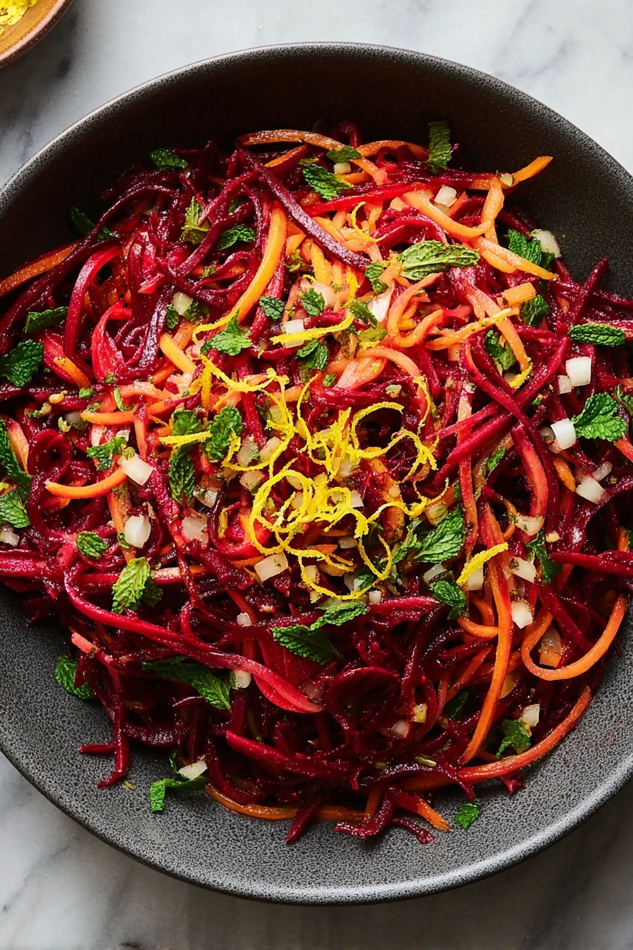 A dark gray bowl filled with a colorful salad made of thin, long strands of deep red beets layered with thin orange carrot strips, scattered with fresh green mint leaves and parsley, small diced white bits, and thin yellow lemon zest curls spread evenly on top, all sitting on a white marbled surface, photo taken with an iphone --ar 2:3 --v 7 - Beet and Carrot Salad with Fresh Herbs, healthy beet and carrot salad, vibrant vegetable side dish, quick summer salad, easy fresh herb salad