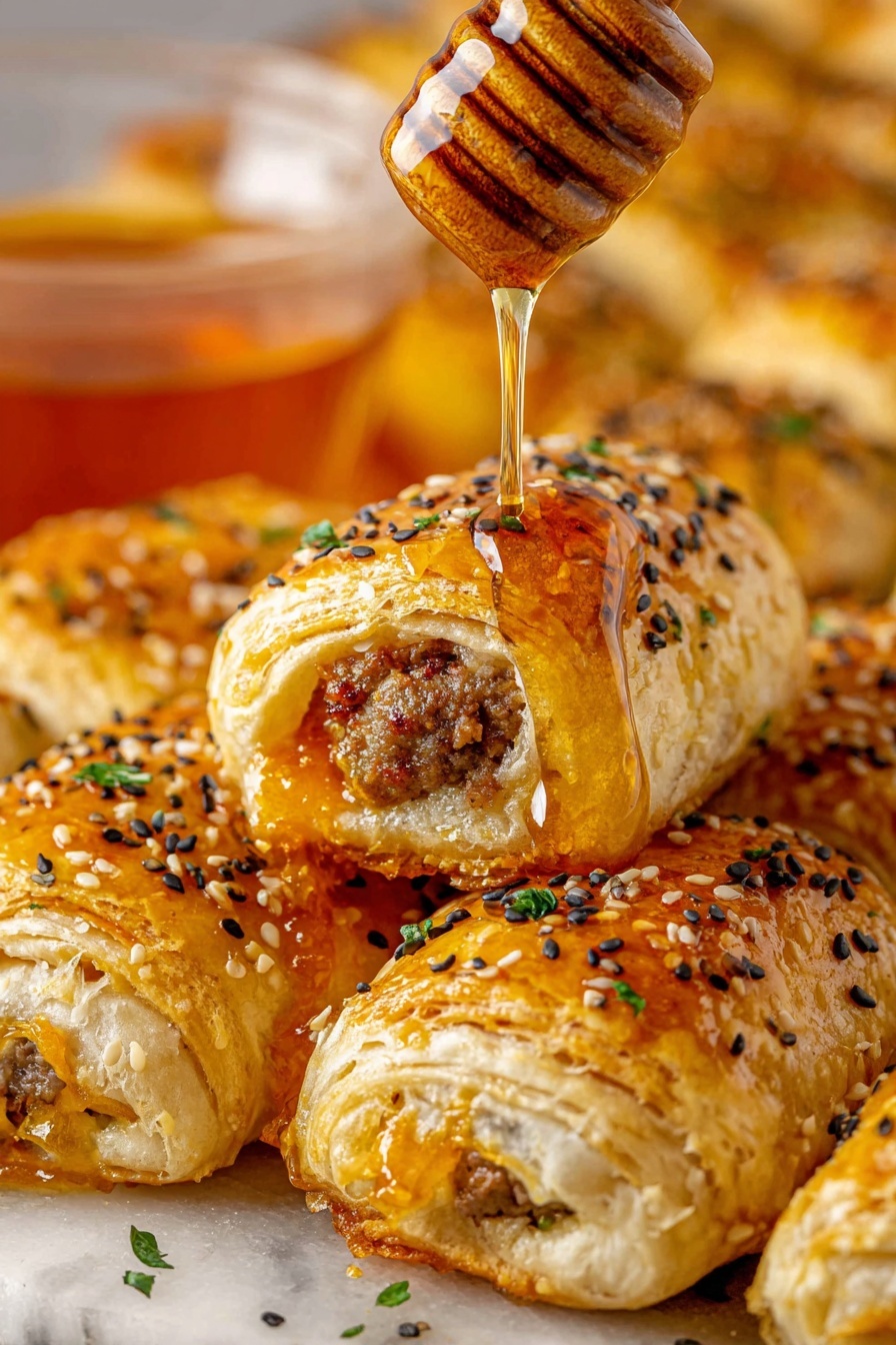 A close-up view of golden brown sausage rolls arranged side by side on a white marbled surface, each roll showing flaky, layered pastry with a shiny glazed top speckled with black and white sesame seeds and bits of green herbs. One sausage roll is held slightly above the rest, partially open at the end, revealing a juicy, crumbly meat filling mixed with melted orange cheese inside. Above the open sausage roll, amber honey is being drizzled slowly from a wooden honey dipper, creating a glossy stream of honey that falls onto the pastry. A translucent glass bowl filled with more honey appears blurred to the left in the background. photo taken with an iphone --ar 2:3 --v 7 - Hot Honey Sausage Rolls with Thyme, savory sausage rolls, spicy honey sausage snacks, easy sausage pastry recipes, flavorful appetizer ideas