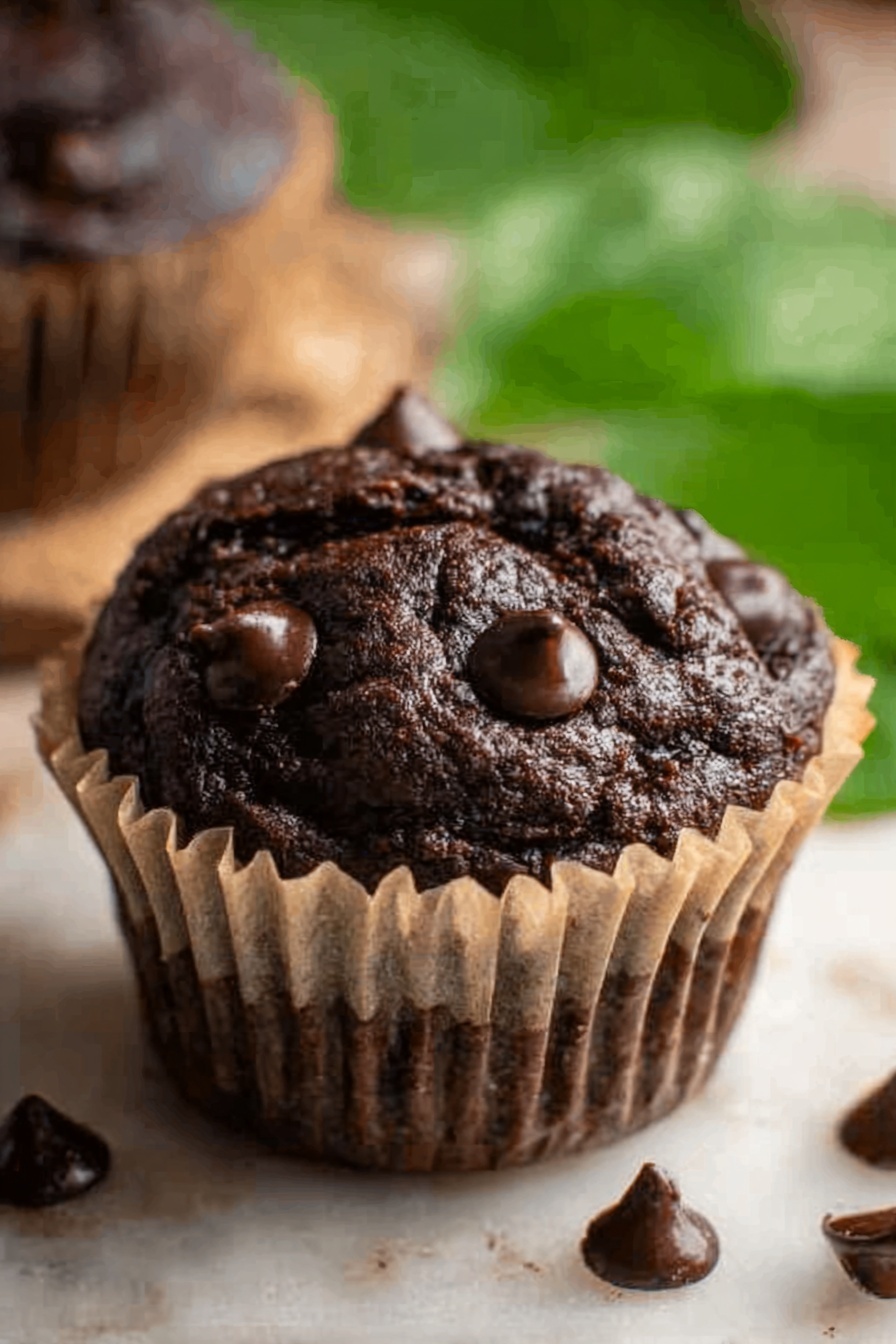 A close-up of a dark chocolate muffin sitting on a wrinkled beige paper liner, with several shiny dark chocolate chips scattered on top and around the muffin. The muffin has a rough, textured top with slight cracks and a rich dark brown color. The background has a soft focus with green leaves blurred behind. The surface under the muffin is white marbled texture. photo taken with an iphone --ar 2:3 --v 7 - Chocolate Spinach Muffins, healthy chocolate muffins, easy green muffins, kid-friendly spinach muffins, moist chocolate muffins