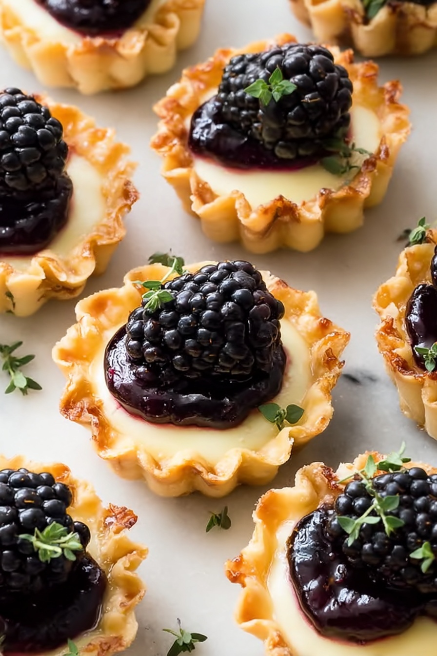The image shows many small tartlets arranged closely on a white marbled surface. Each tartlet has a golden, crispy shell with ruffled edges. Inside, there is a smooth, creamy pale yellow layer topped with a glossy dark purple blackberry compote. A shiny, plump blackberry is placed on top of the compote in each tartlet. Small green herb leaves are sprinkled around the tartlets and on top for decoration. The light highlights the textures, making the blackberries look juicy and the tart shells crisp. photo taken with an iphone --ar 2:3 --v 7 - Brie and Blackberry Phyllo Cups, easy Brie and Blackberry appetizer, quick fruit and cheese appetizer, elegant party appetizers, colorful summer snacks