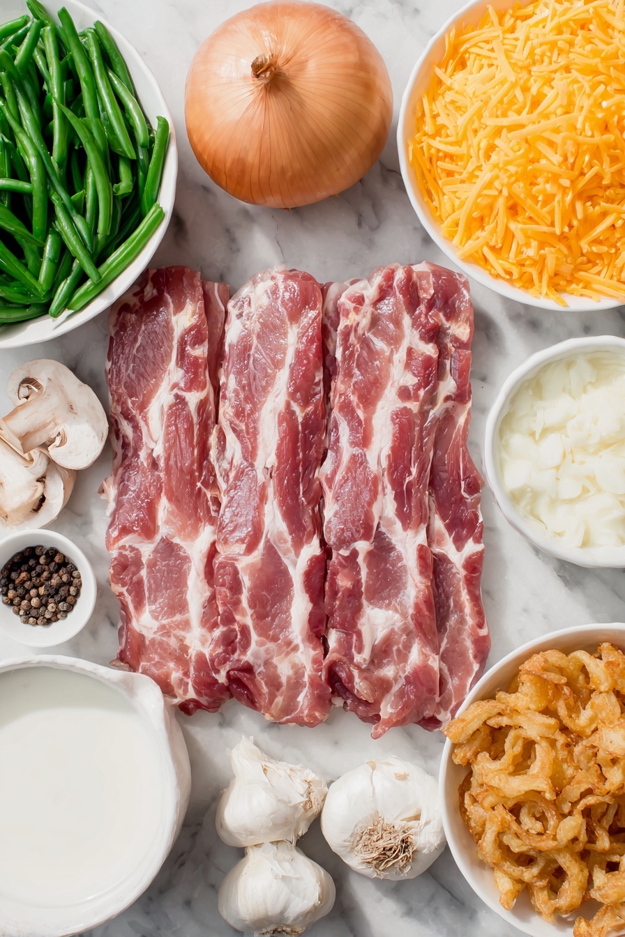 Flat lay of six raw bacon strips with visible marbling, a halved yellow onion showing its crisp layers, a small mound of chopped fresh button mushrooms, three garlic cloves with papery skins intact, a small white ceramic bowl filled with creamy mushroom soup, a small white bowl holding whole milk, a neat pile of shredded Monterey Jack cheese, a pinch of coarse salt crystals and whole black peppercorns arranged side by side, a small white bowl containing freshly drained cut green beans, and a small white bowl filled with golden French fried onions, all placed on a clean white marble surface, soft natural light, photo taken with an iPhone, professional food photography style, fresh ingredients, white ceramic bowls, no bottles, no duplicates, no utensils, no packaging --ar 2:3 --v 7 --p m7354615311229779997 - Green Bean Casserole with Bacon and Mushrooms, green bean casserole recipe, bacon mushroom side dish, easy green bean casserole, comfort food casseroles