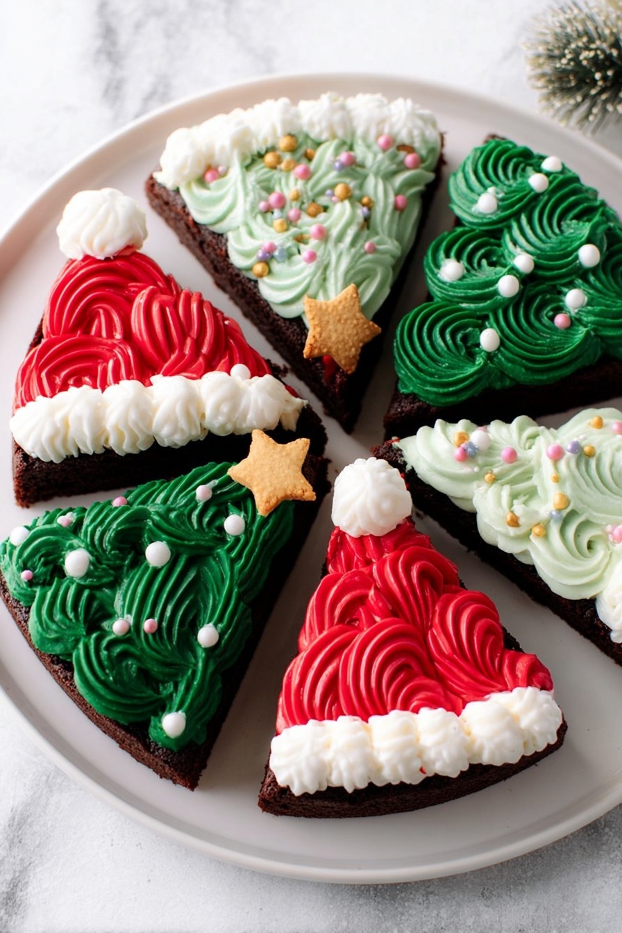 The image shows six triangular chocolate cake slices placed on a large white plate with a white marbled background. Three slices are decorated like Santa hats with smooth red icing swirls covering the top, a band of white fluffy icing at the base, and a small white icing pompom on the point. The other three slices are decorated like Christmas trees with green icing swirls, small white round sprinkles resembling snow, and a small yellow star-shaped biscuit at the top point. The cakes are arranged in a circle, alternating red and green decorated slices. Photo taken with an iphone --ar 2:3 --v 7 - Christmas Tree & Santa Frosted Brownies, festive brownies recipe, holiday decorated brownies, Christmas dessert ideas, easy holiday brownies