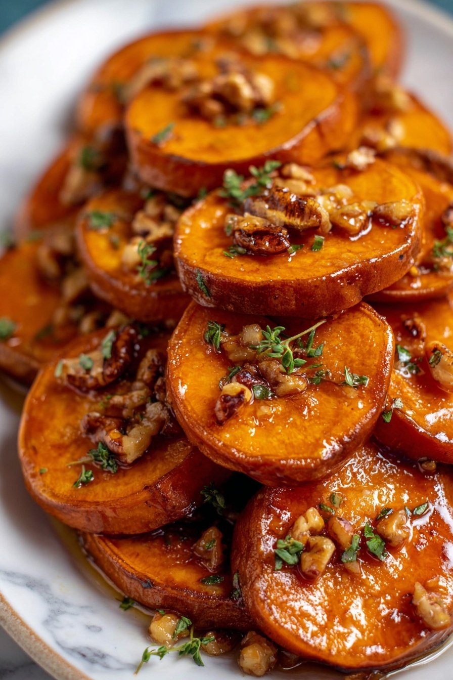 A close-up of many cooked sweet potato slices stacked on a white plate, each slice having a warm orange-brown color with a shiny glazed surface. On top of each slice, there are small pieces of chopped nuts that look crunchy and light brown, mixed with tiny fresh green herb leaves. The sweet potato edges are slightly darker and caramelized, creating a rich contrast with the orange inside. The plate sits on a white marbled surface, and the focus is sharp, showing the texture of the glaze and nuts clearly. photo taken with an iphone --ar 2:3 --v 7 - Maple Pecan Roasted Sweet Potatoes, sweet potato side dish, fall holiday side recipes, easy roasted sweet potatoes, nutty sweet potato recipes