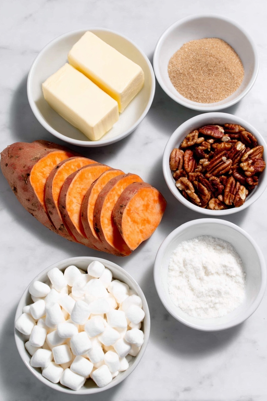 Flat lay of peeled sweet potatoes sliced into thin medallions arranged neatly, a small white ceramic bowl of unsalted butter, a small white ceramic bowl filled with light brown sugar, a small white ceramic bowl containing water, small white ceramic bowls with ground cinnamon, ground cloves, ground nutmeg, and salt each shown as fine powders, a small white ceramic bowl with roughly chopped pecans, and a small white ceramic bowl filled with mini white marshmallows, all ingredients fresh and natural, perfectly symmetrical layout, placed on a clean white marble surface, soft natural light, photo taken with an iPhone, professional food photography style, fresh ingredients, white ceramic bowls, no bottles, no duplicates, no utensils, no packaging --ar 2:3 --v 7 --p m7354615311229779997 - Sweet Potato Casserole with Pecans and Marshmallows, holiday sweet potato casserole, cozy sweet potato side dish, marshmallow-topped sweet potatoes, festive fall casserole