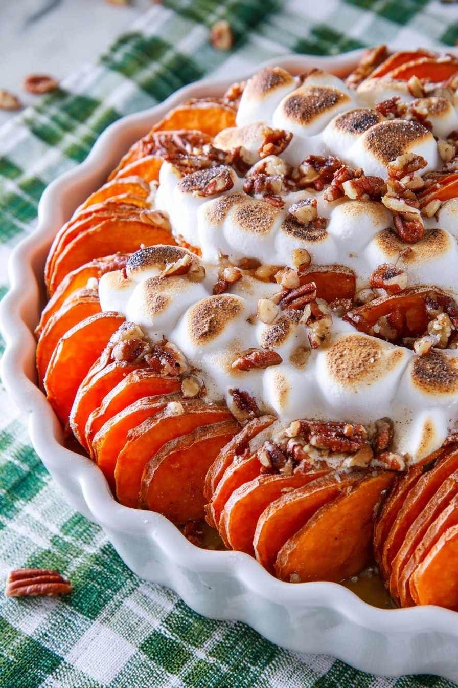 The dish shows three tall stacks of sliced sweet potatoes arranged closely on a white scalloped dish, each slice bright orange with a soft texture. Melted and slightly browned marshmallows cover parts of the sweet potatoes, creating a white and light golden layer with a bubbly texture. Scattered around and between the stacks are small pieces of chopped pecans, adding a crunchy texture and a dark brown color contrast. The dish sits on a green and white plaid cloth with a white marbled surface underneath. The overall look is warm, soft, and inviting with a mix of smooth, crispy, and nutty textures photo taken with an iphone --ar 2:3 --v 7 - Sweet Potato Casserole with Pecans and Marshmallows, holiday sweet potato casserole, cozy sweet potato side dish, marshmallow-topped sweet potatoes, festive fall casserole