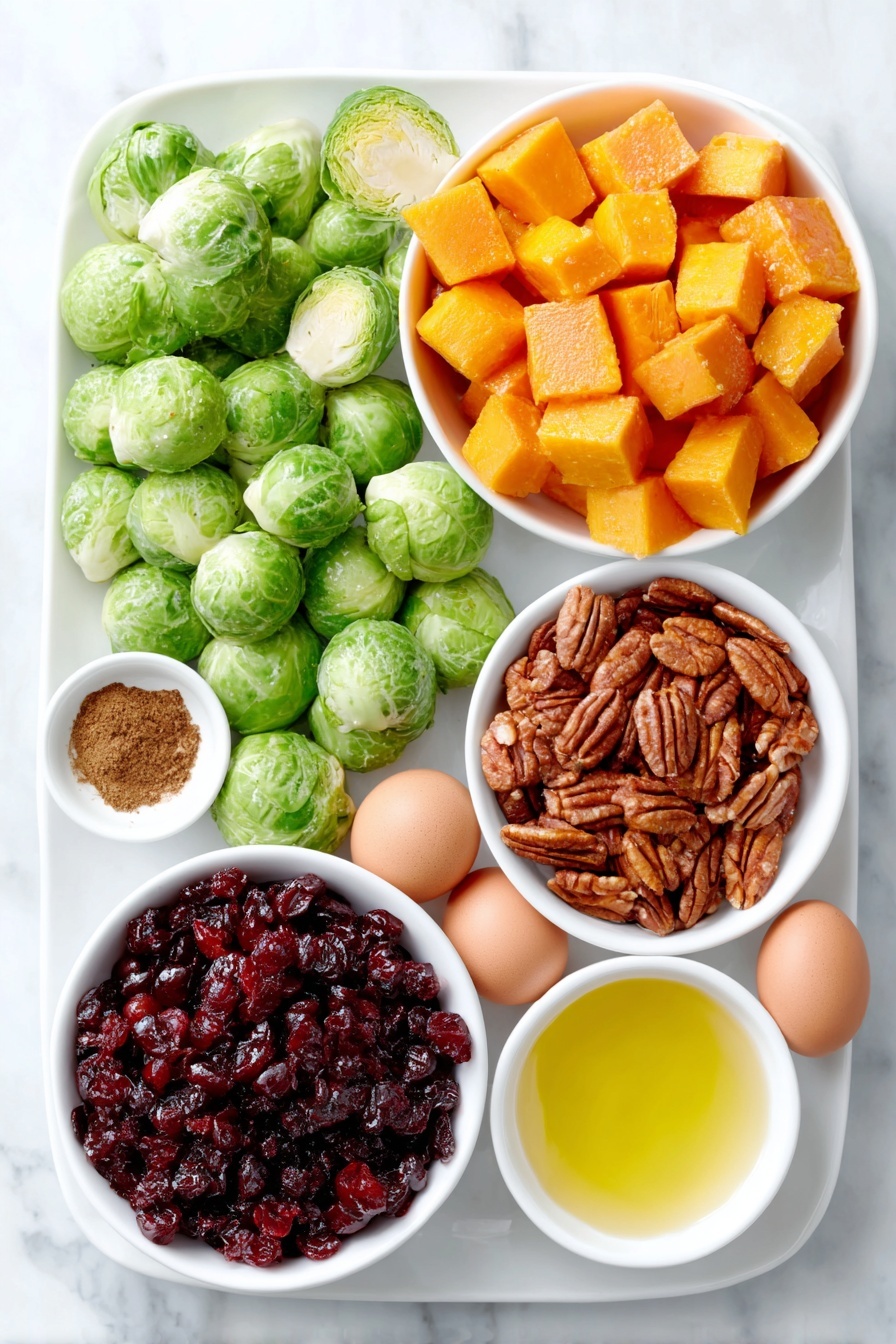 Flat lay of fresh halved Brussels sprouts with bright green leaves, peeled and cubed butternut squash in vibrant orange cubes, a small white ceramic bowl of golden olive oil, a small white ceramic bowl of deep amber maple syrup, a small white ceramic bowl of ground cinnamon powder, a handful of glossy pecan halves, a small pile of dried tart red cranberries, and two whole uncracked brown eggs placed symmetrically, all arranged neatly on a simple white ceramic plate and bowls, placed on a clean white marble surface, soft natural light, photo taken with an iPhone, professional food photography style, fresh ingredients, white ceramic bowls, no bottles, no duplicates, no utensils, no packaging --ar 2:3 --v 7 --p m7354615311229779997 - Roasted Brussels Sprouts and Butternut Squash Salad, roasted vegetable salads, autumn harvest salad, healthy fall salads, Thanksgiving vegetable side dish