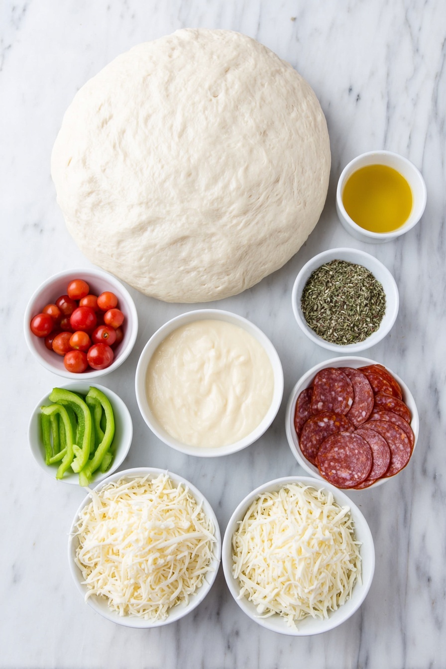 Flat lay of a round ball of fresh pizza dough, five whole mozzarella cheese sticks, a small white bowl of golden olive oil, a small white bowl with mixed Italian herbs, a small white bowl filled with creamy Alfredo sauce, a small white bowl holding bright green pesto sauce, a small white bowl of shredded mozzarella cheese, half a small green bell pepper sliced into thin strips, a small white bowl with halved red cherry tomatoes, a small white bowl containing mini pepperoni slices, a small white bowl of finely grated Parmesan cheese, all arranged in perfect symmetry and balanced proportions on simple white ceramic dishes placed on a clean white marble surface, soft natural light, photo taken with an iPhone, professional food photography style, fresh ingredients, white ceramic bowls, no bottles, no duplicates, no utensils, no packaging --ar 2:3 --v 7 --p m7354615311229779997 - Festive Christmas Tree Pizza, Christmas Tree Pizza, Holiday Pizza Recipe, Christmas Party Food, Easy Festive Pizza
