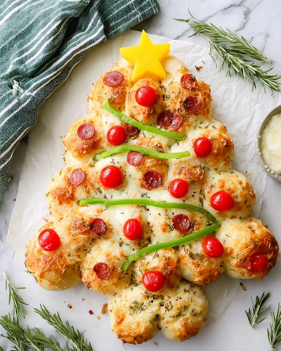A Christmas tree shaped bread made of small round rolls arranged in rows, with a base of four rolls covered in a topping of mixed herbs forming the tree trunk. The tree part is covered in melted white cheese that stretches over each roll, with small red cherry tomatoes and thin curved slices of green bell pepper arranged in a pattern resembling ornaments and garlands. A star-shaped yellow cheese piece tops the tree. The bread sits on a white marbled surface with sprigs of rosemary around it, and a square white dish with dried herbs is slightly visible in the background. Photo taken with an iphone --ar 2:3 --v 7 - Festive Christmas Tree Pizza, Christmas Tree Pizza, Holiday Pizza Recipe, Christmas Party Food, Easy Festive Pizza