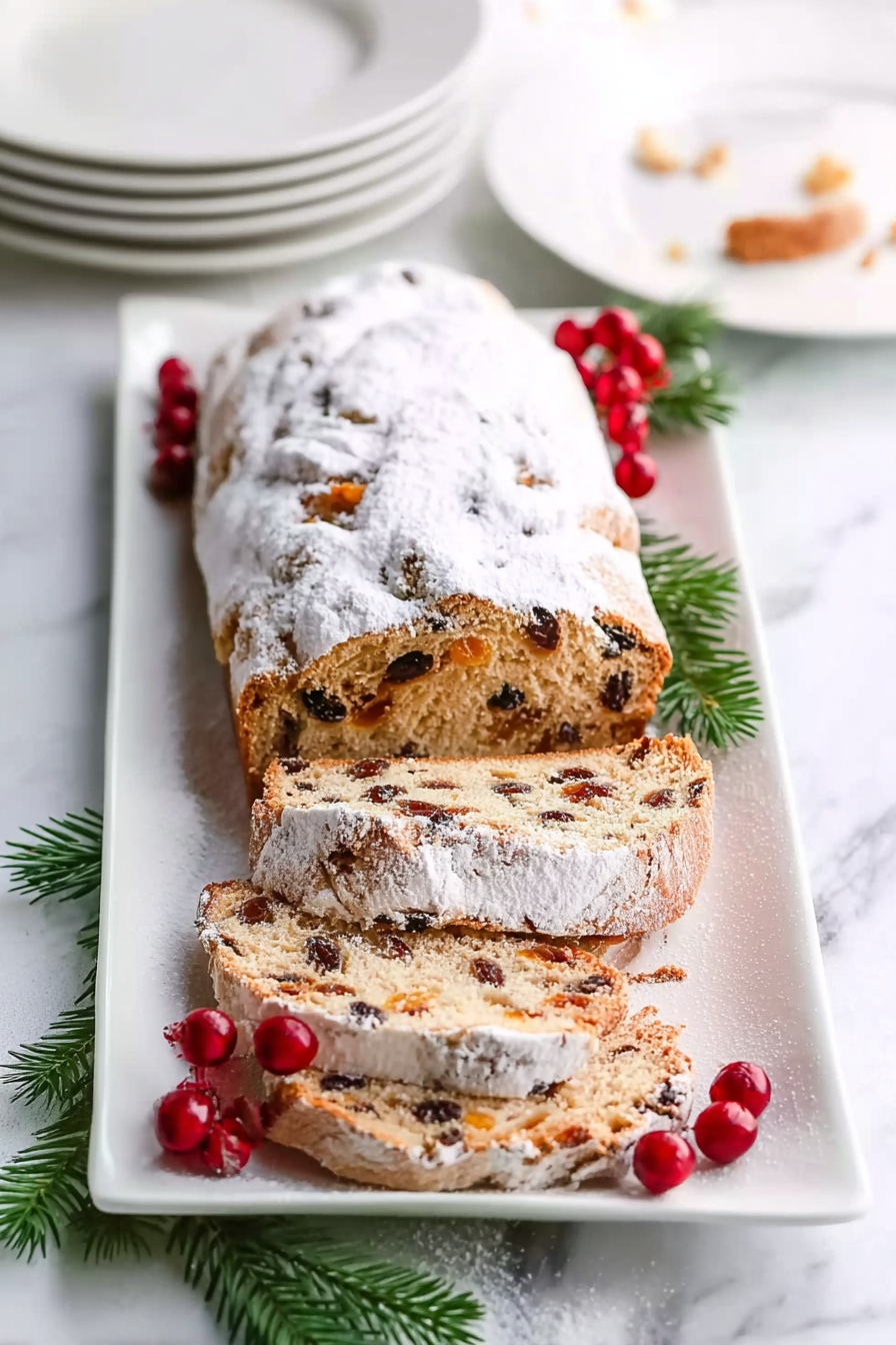 A large loaf of fruit bread covered with a thick layer of white powdered sugar sits on a white marbled surface. The loaf is partially sliced, showing two slices in front with a light brown crumb dotted with dark red cherries and nuts. To the left of the loaf is a metal sieve filled with powdered sugar. Small pine cones, green fir branches, and bright red berries decorate the corners of the scene, giving a festive feel. Photo taken with an iphone --ar 2:3 --v 7 - Festive Christmas Stollen Bread, Christmas Stollen, holiday bread recipe, traditional Christmas cake, easy Christmas Stollen