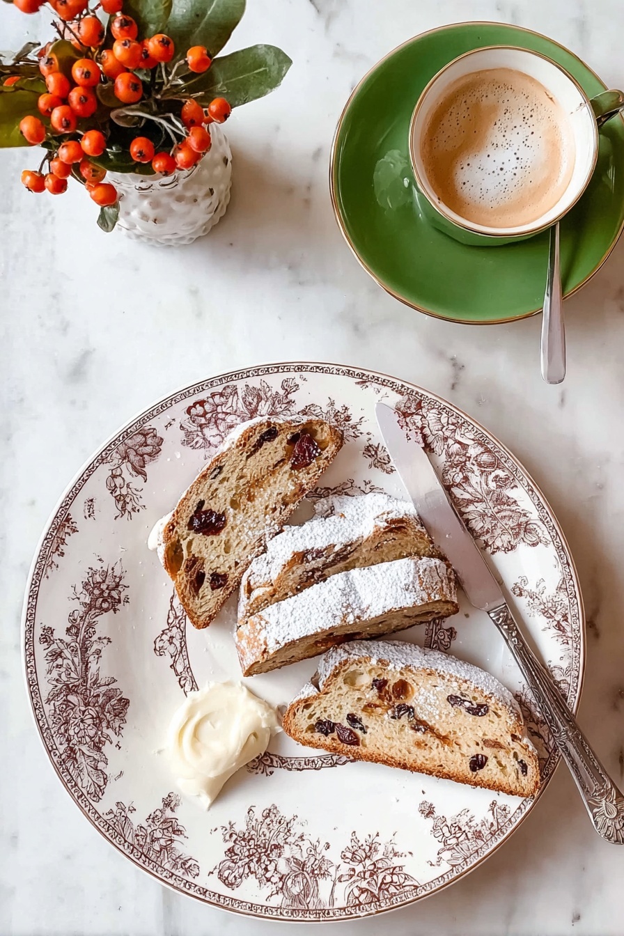The image shows a white plate with brown floral patterns, holding four uneven slices of fruit bread with visible dried fruit pieces inside. The bread slices are lightly dusted with powdered sugar. On the plate near the bread, there is a small spread of white cream or butter with a silver knife resting on the plate. Above the plate, a green cup and saucer filled with foamed coffee is seen, accompanied by a silver spoon with some froth on it. In the top left corner, a small white vase with orange-red berries and green leaves is placed on a white marbled surface. photo taken with an iphone --ar 2:3 --v 7 - Festive Christmas Stollen Bread, Christmas Stollen, holiday bread recipe, traditional Christmas cake, easy Christmas Stollen